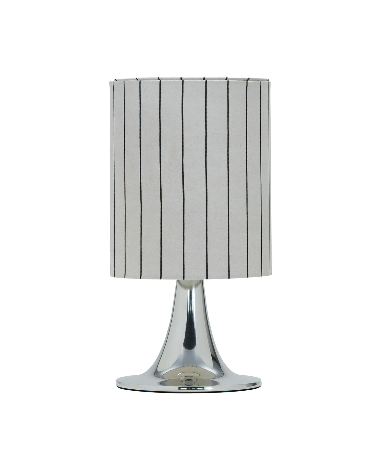 Tischleuchte mit Tulpenfuss aus silbernem Aluminium, leinenfarbener Schirm mit schwarzen Streifen