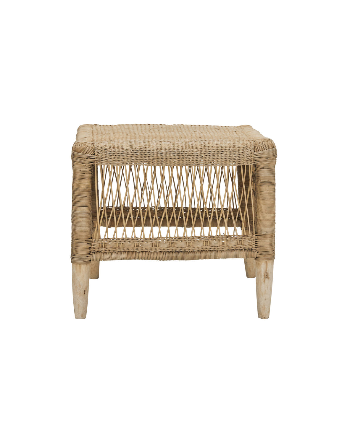 Quadratischer Hocker HDRika in Natur, gefertigt aus geflochtenem Rattan und Eukalyptusholz