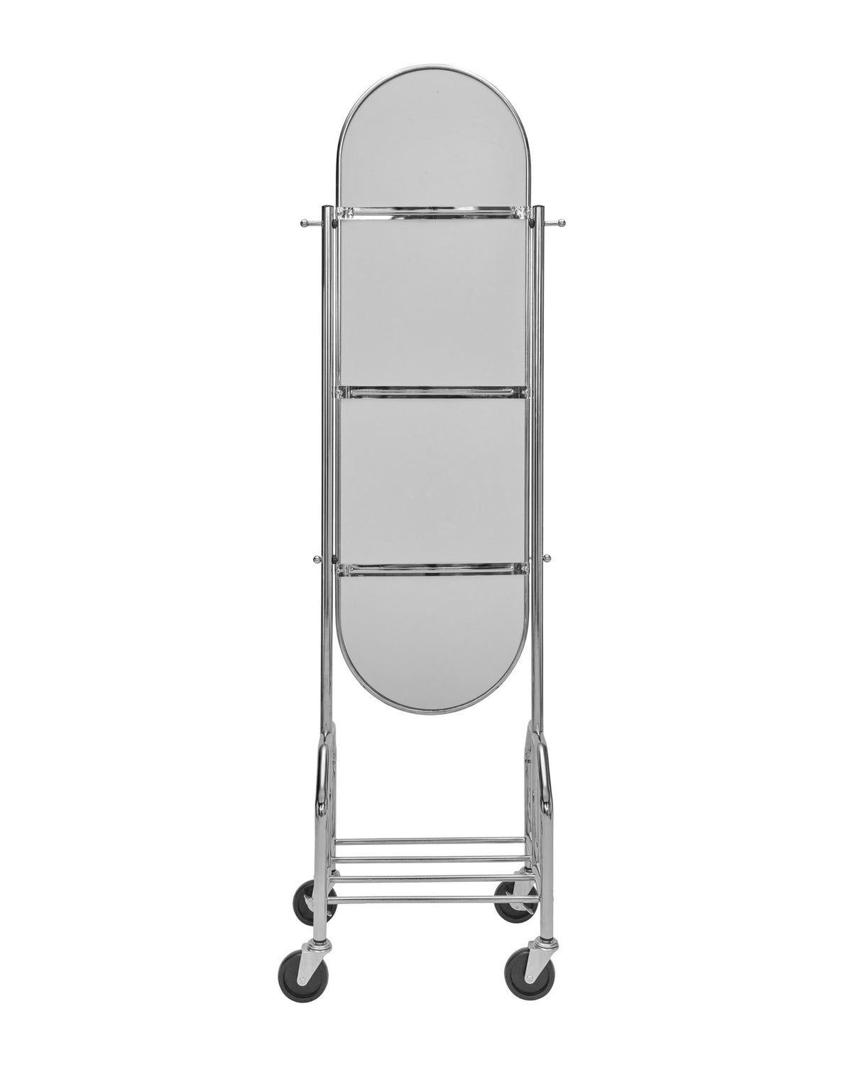 Hoher Standspiegel HDImage mit schmalem, glänzendem Chromrahmen und Ablage auf vier Rollen