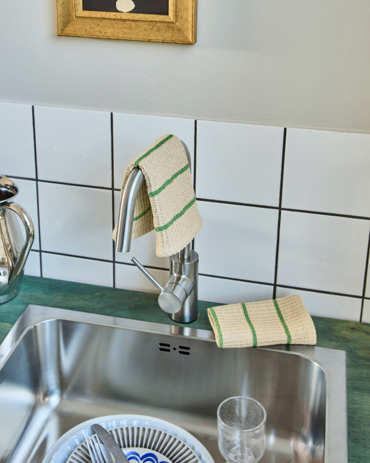 Geschirrtuch Spültuch HDRena von House Doctor, sandfarbene Baumwolle mit grünen Streifen