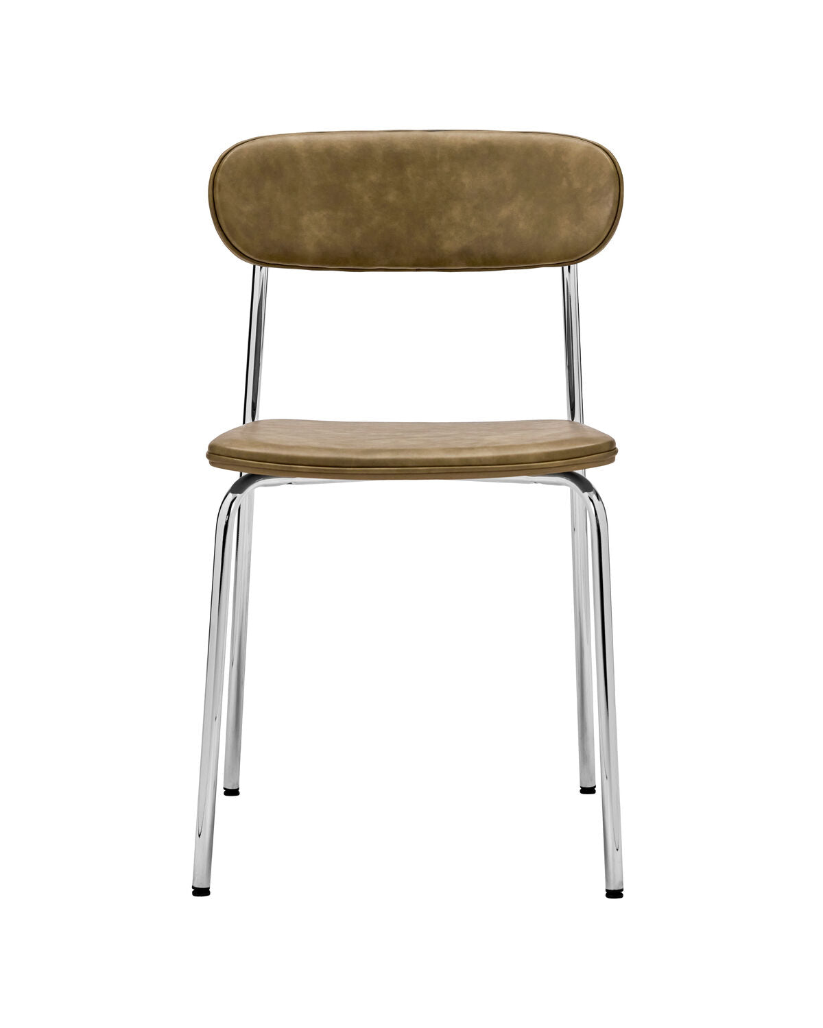 Eleganter Stuhl in Khaki mit stilvollem Chromgestell, ideal für moderne Wohnräume und geschmackvolle Akzente.