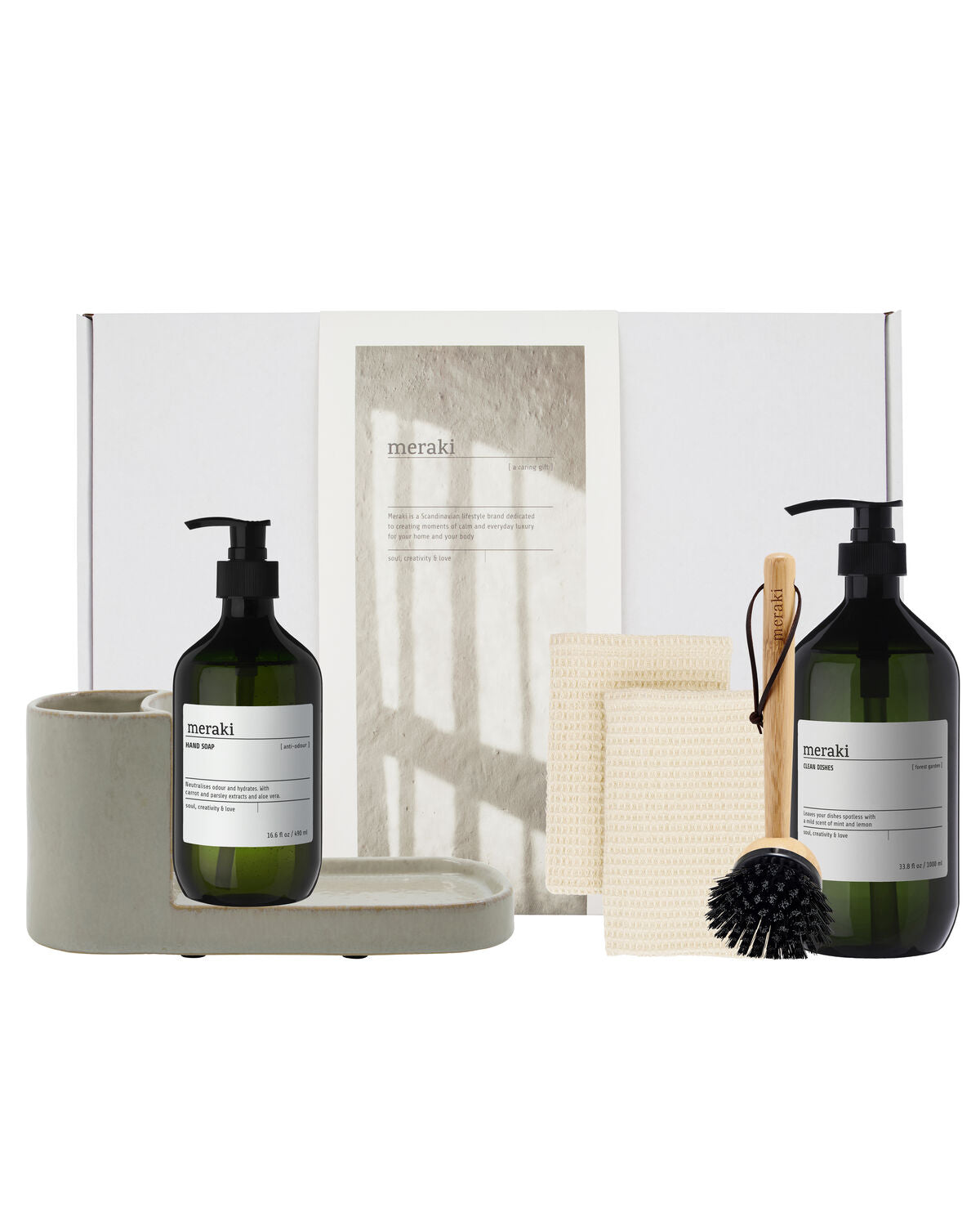Gift box, Grey Holder + Nature Brush + Anti-Odour Hand Soap, Forest Garden Dish Wash, 490|1000 ml|ml in Weiss präsentiert im Onlineshop von KAQTU Design AG. Pflege ist von Meraki
