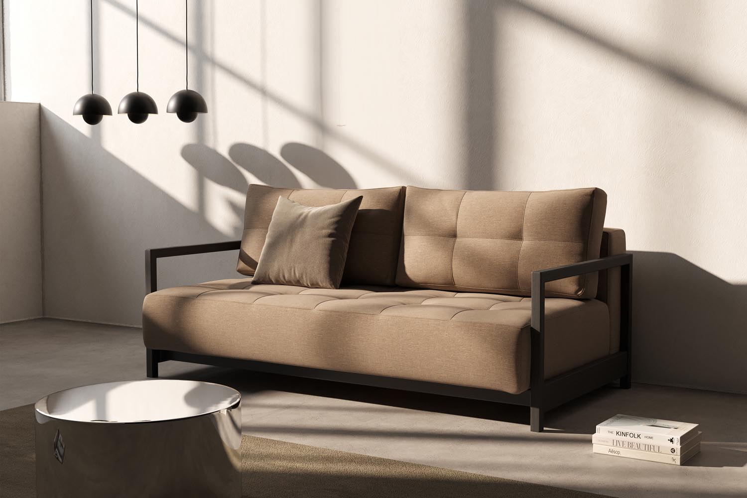 Entdecken Sie das Bifrost Bettsofa 150 von Innovation Living: stilvolles Design, hochwertige Matratze, ideal für kleine Wohnungen und Gästezimmer.