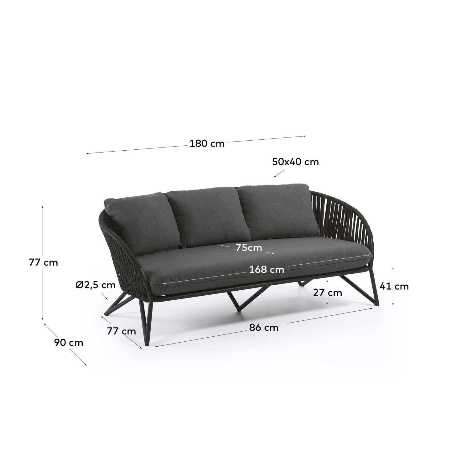 Das Branzie 3-Sitzer-Sofa von Kave Home, 180 cm, aus schwarzem Seil, bietet stilvolles Design und bequemen Sitzkomfort.