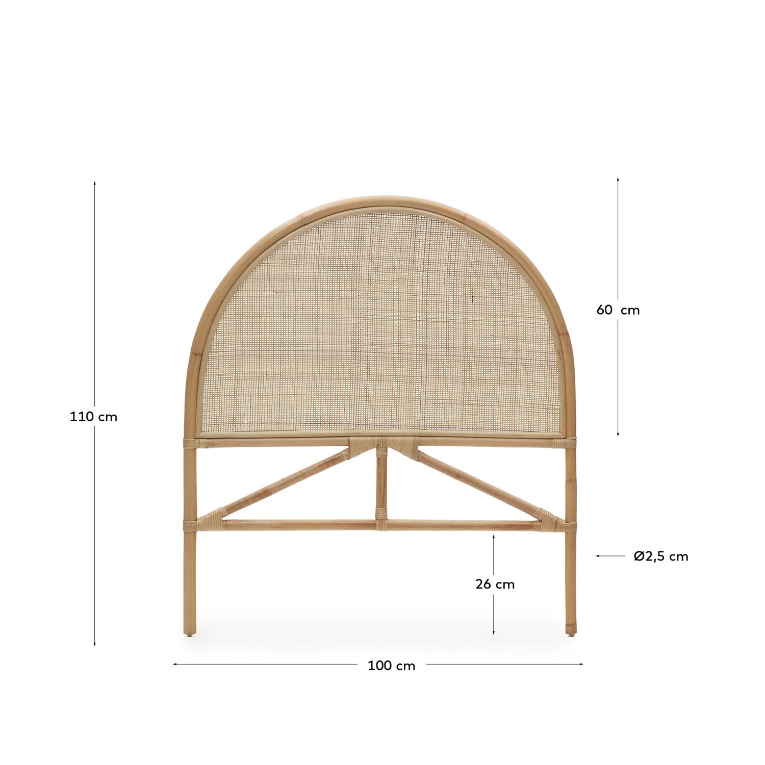Rundes Quiterie Bettkopfteil aus Rattan, 90 cm. Stilvolles, nachhaltiges Design für ein warmes, einladendes Schlafzimmerambiente.