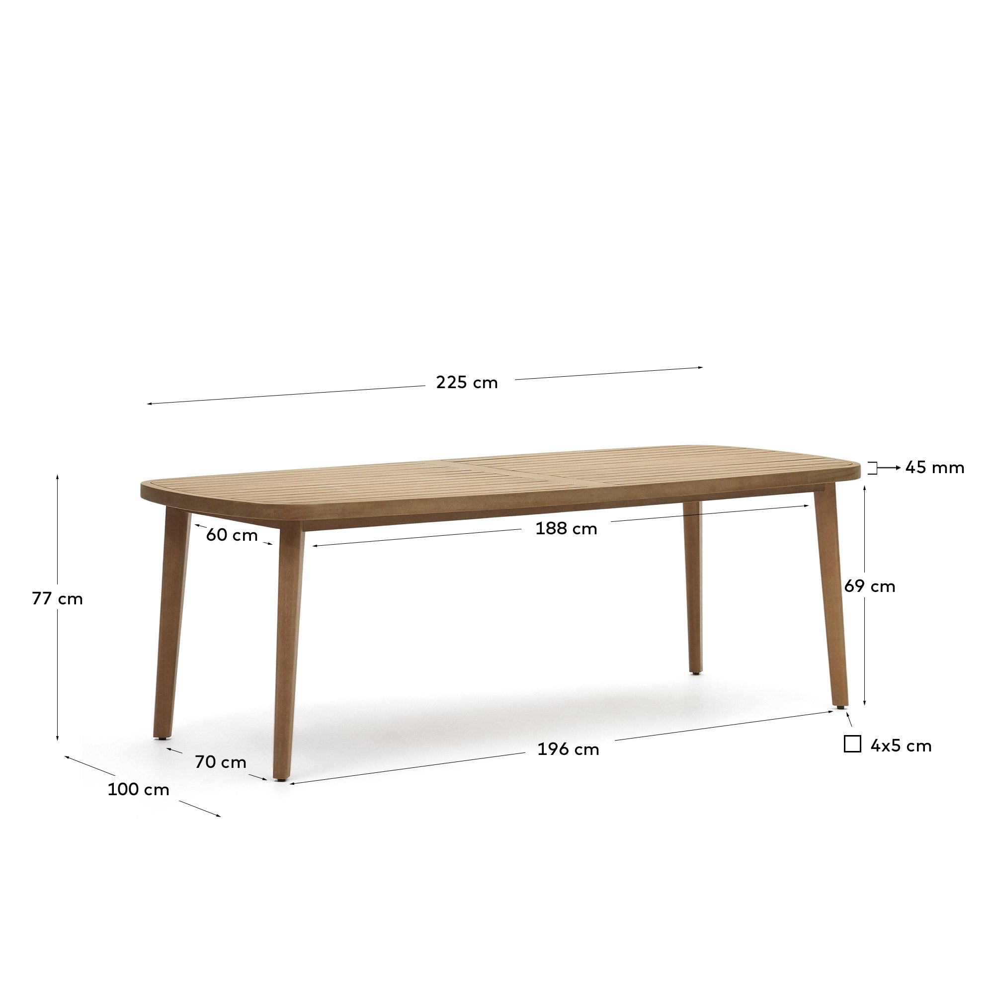 Entdecken Sie den Maset Tisch von Kave Home: 225 x 100 cm, aus robustem Eukalyptus, ideal für stilvolle Outdoor-Momente. Nachhaltig und einladend!