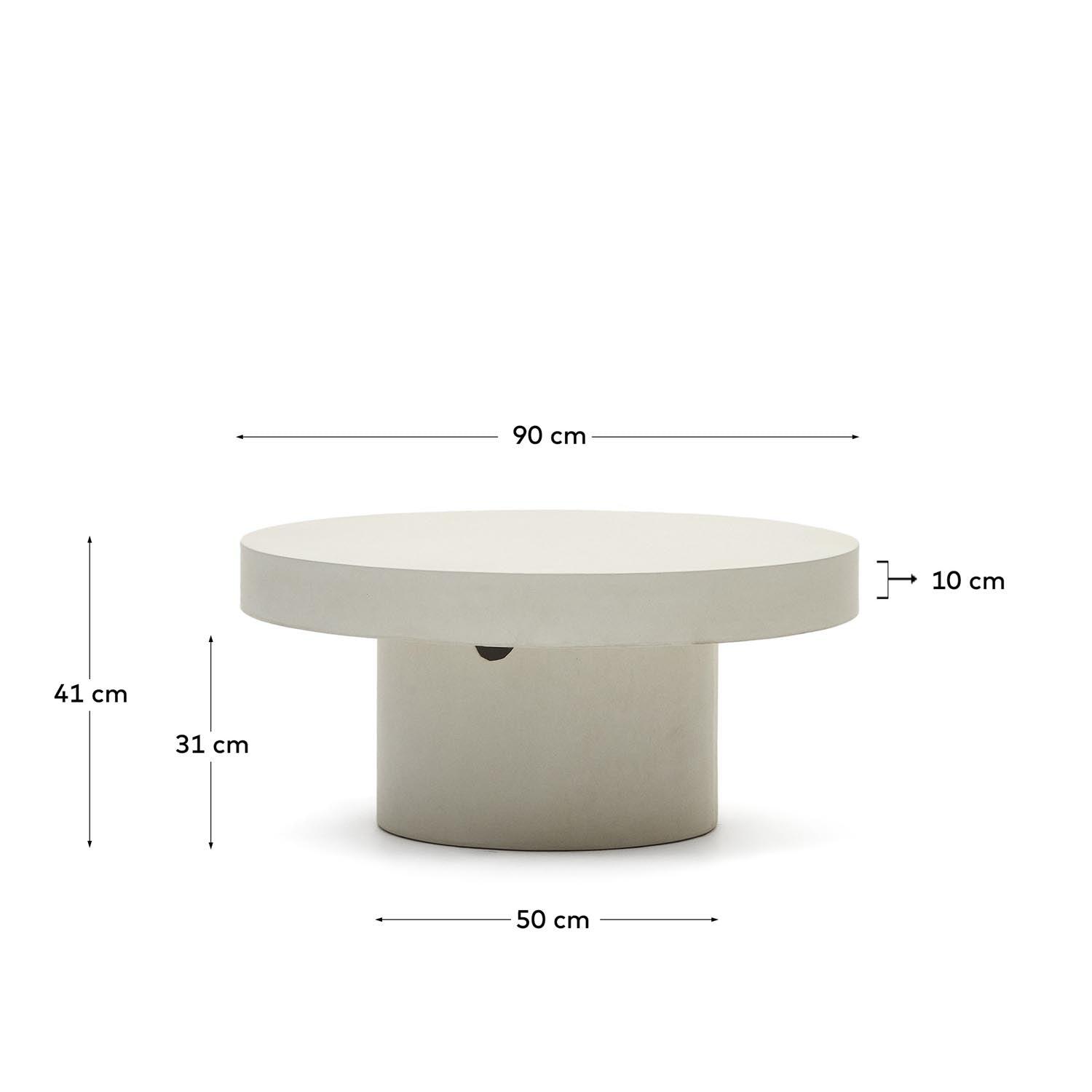 Eleganter, runder Couchtisch aus weissem Zement, Ø 90 cm, von Kave Home. Minimalistisch, wetterfest, ideal für Innen- und Aussenbereiche.