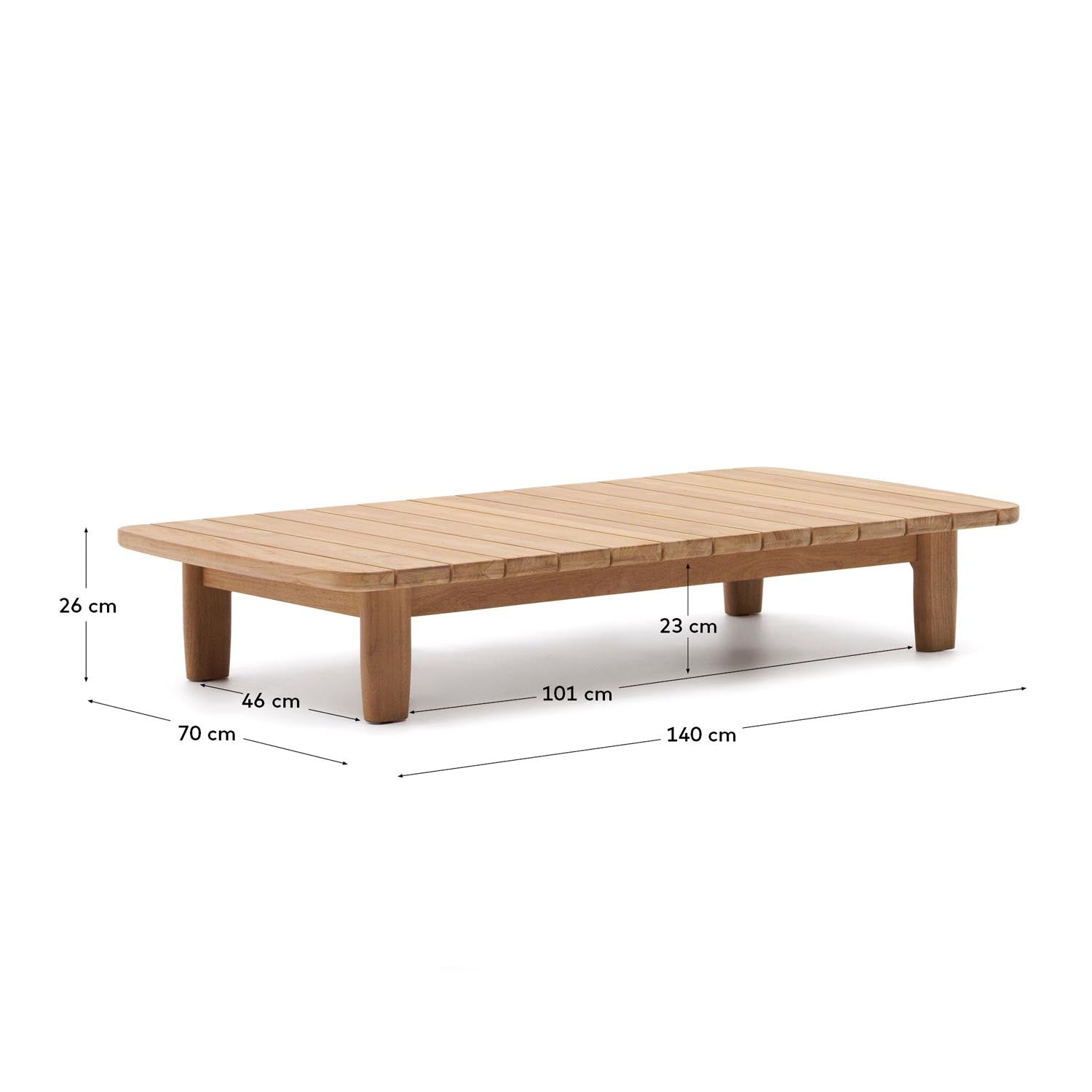Hochwertiger Tirant Couchtisch aus 100% FSC-zertifiziertem Teakholz, 140 x 70 cm. Ideal für drinnen und draußen, vereint Eleganz und Funktionalität.