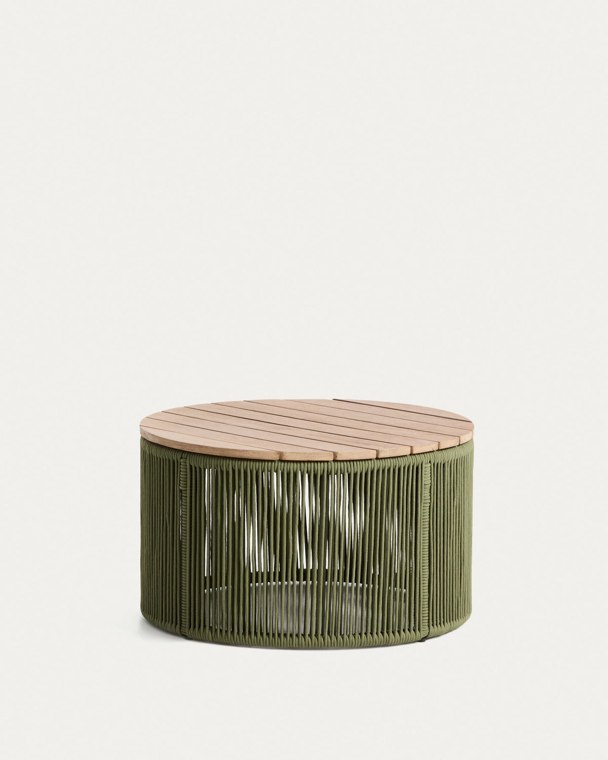Runder Couchtisch Dandara mit Stahlgestell, grünem Seilgeflecht und massiver Akazienholzplatte, Durchmesser 60 cm, Farbe Dunkelgrün.