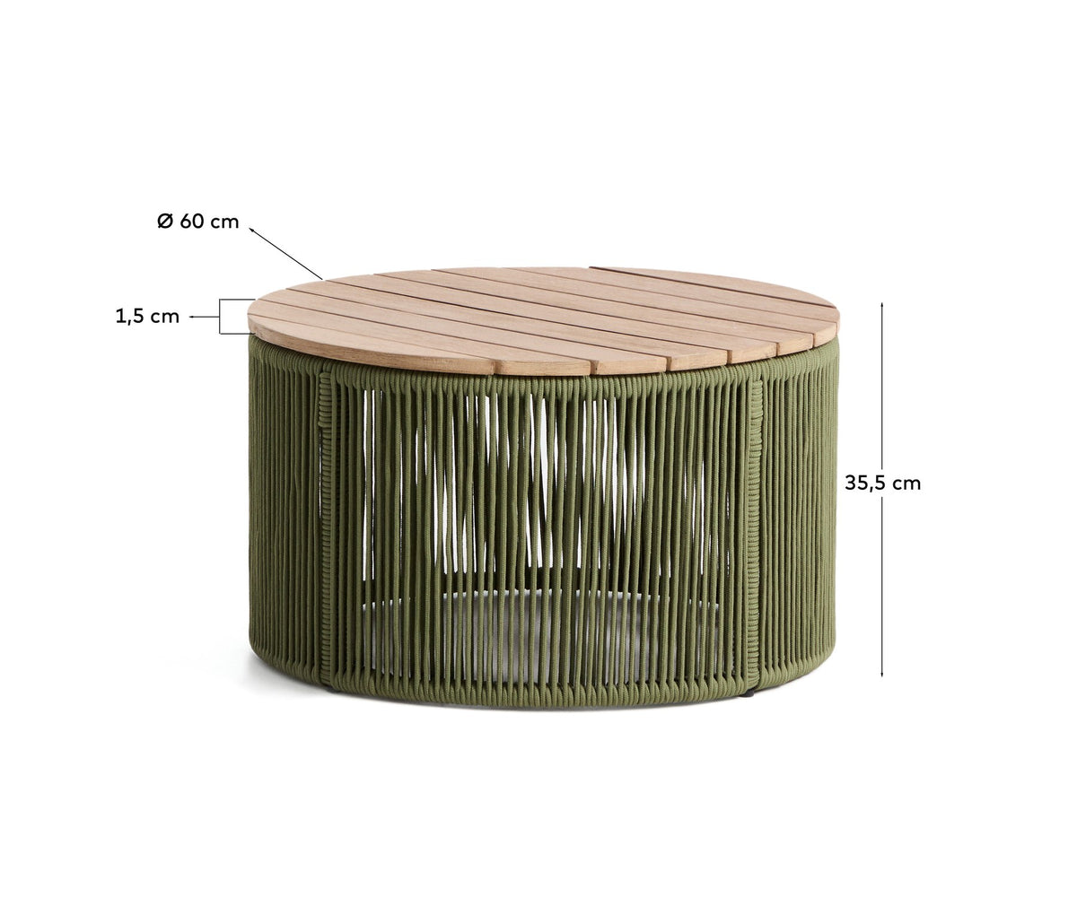 Runder Couchtisch Dandara mit Stahlgestell, grünem Seilgeflecht und massiver Akazienholzplatte, Durchmesser 60 cm, Farbe Dunkelgrün.