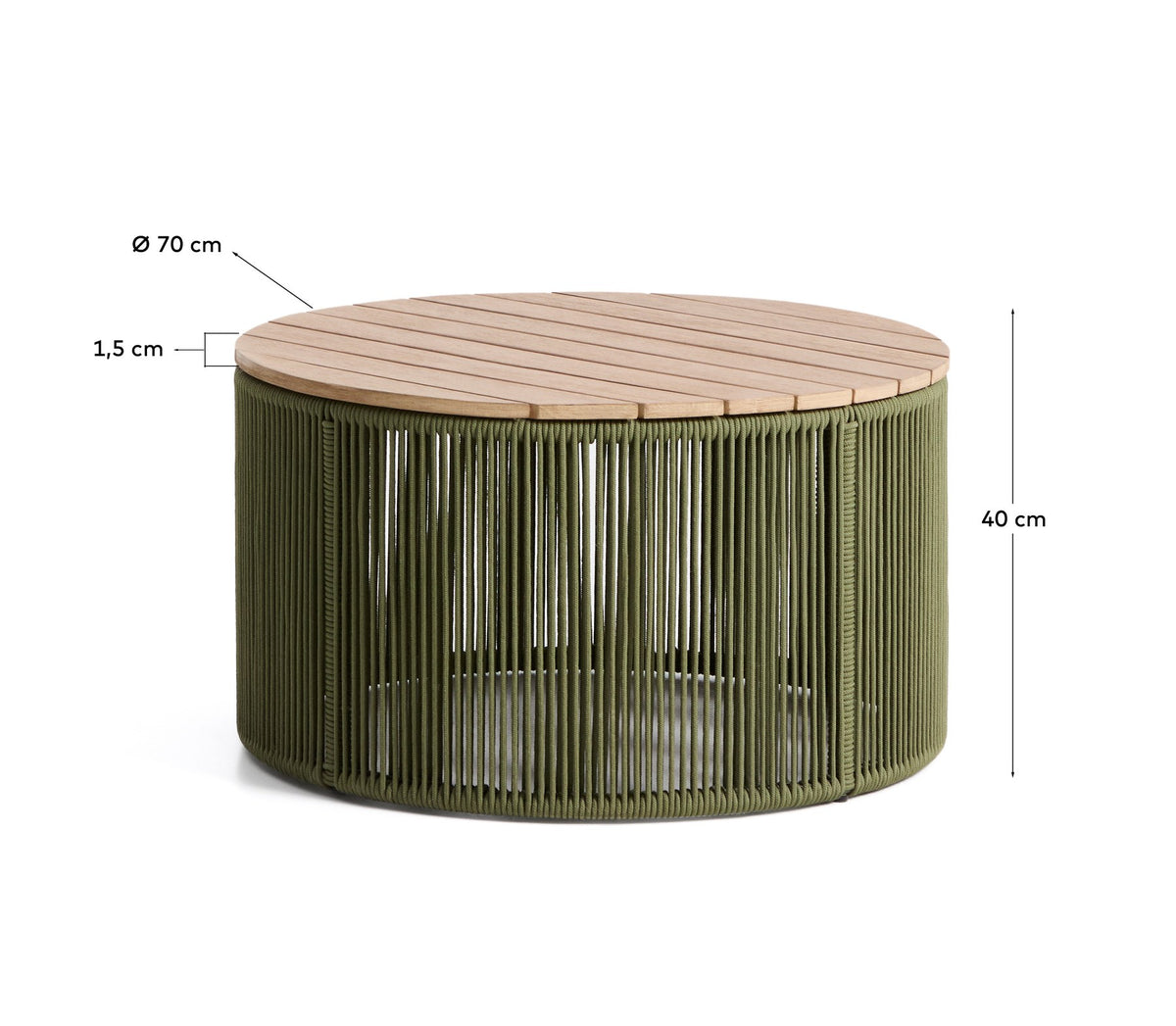 Runder Couchtisch mit Gestell aus Stahl und grünem Seilgeflecht, Tischplatte aus massivem Akazienholz, Durchmesser 70 cm, Höhe 35 cm.