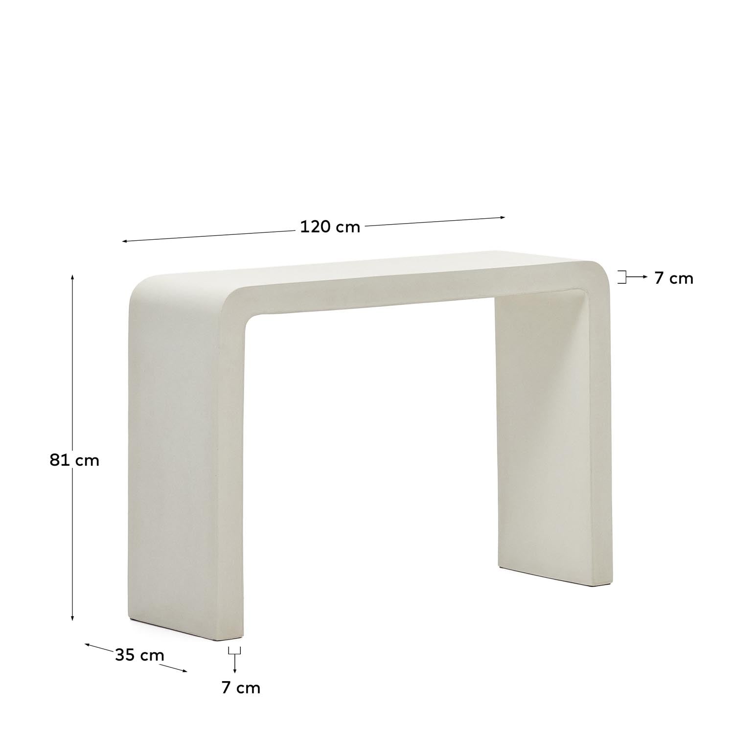 Elegante weisse Zementkonsole von Kave Home, 120x80 cm, wetterfest, ideal für moderne Gärten und gesellige Runden.