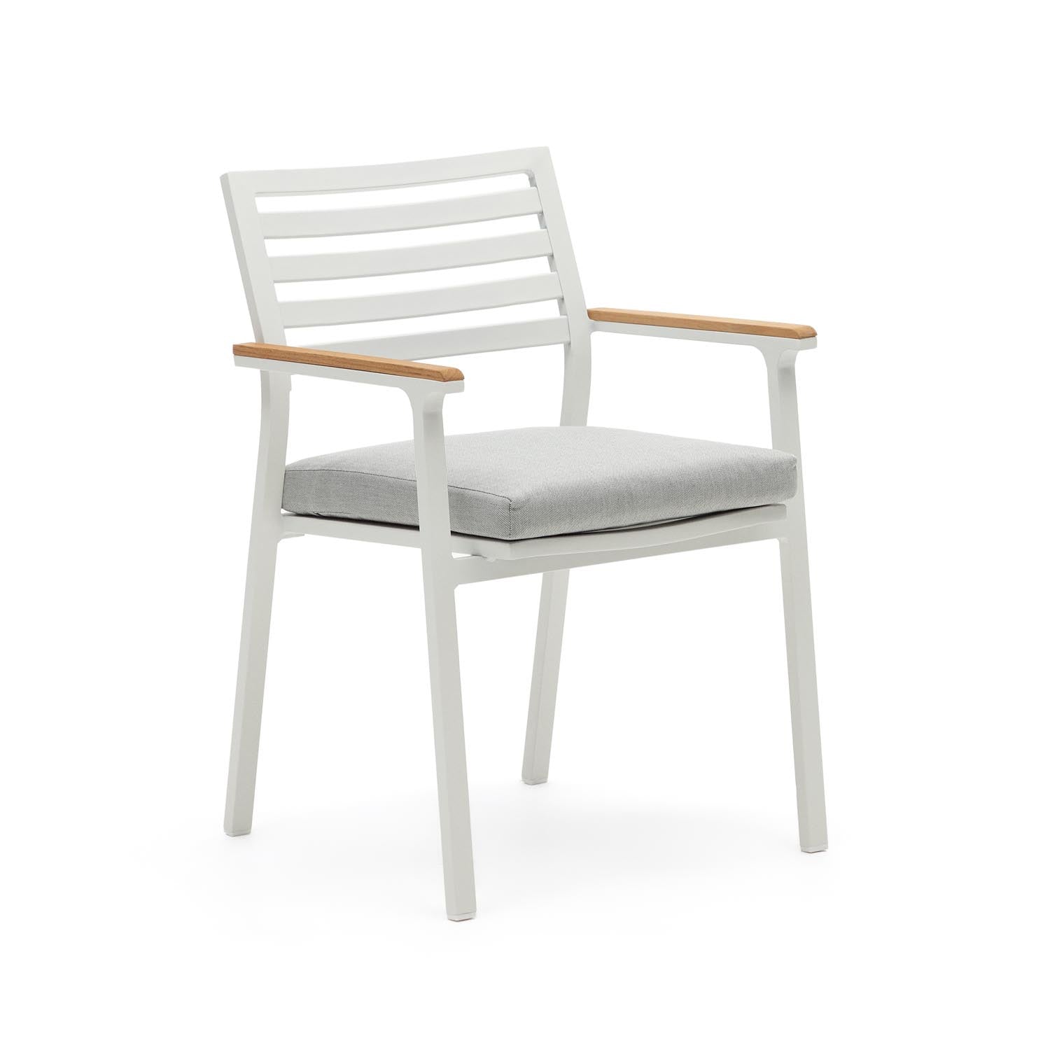Eleganter Bona Gartenstuhl: Weisses Aluminium, Teak-Armlehnen, stapelbar.