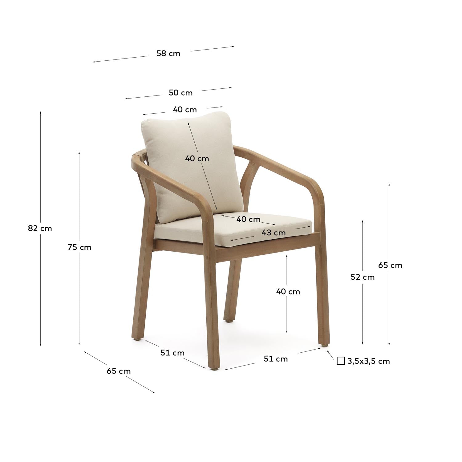 Stapelbarer Malaret Stuhl aus robustem Eukalyptusholz und pflegeleichtem Seil in Beige. Ideal für stilvolle Outdoor-Bereiche.