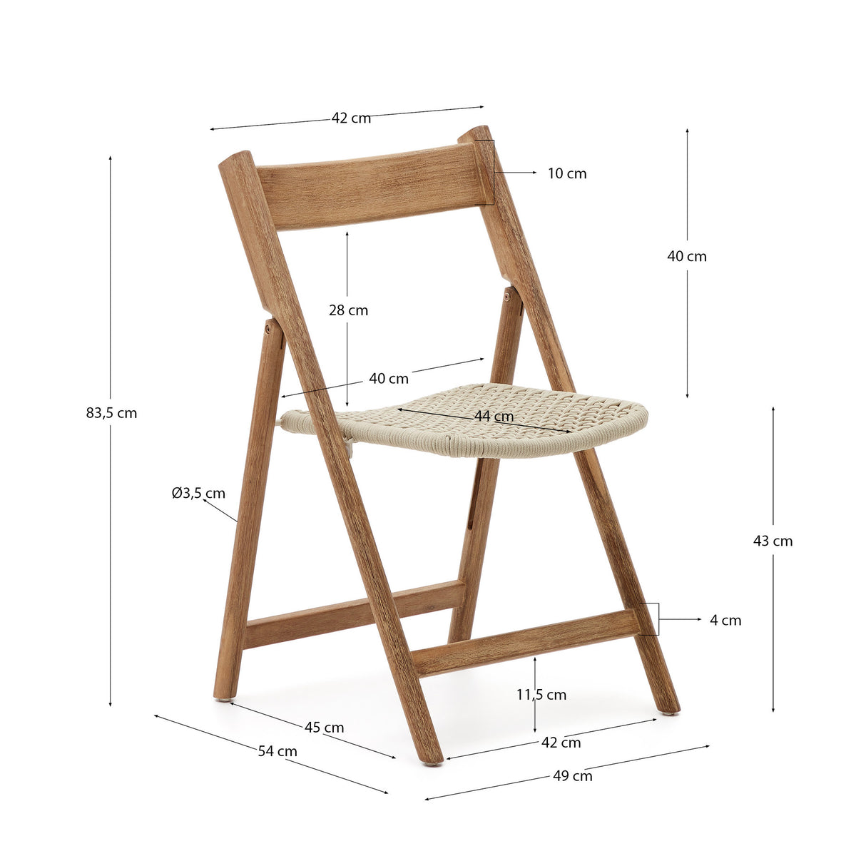 Klappstuhl Dandara aus Akazienmassivholz und einer Stahlstruktur mit geflochtener Sitzfläche in Weiss FSC 100% in Natur, Ecru präsentiert im Onlineshop von KAQTU Design AG. Gartenstuhl ist von Kave Home