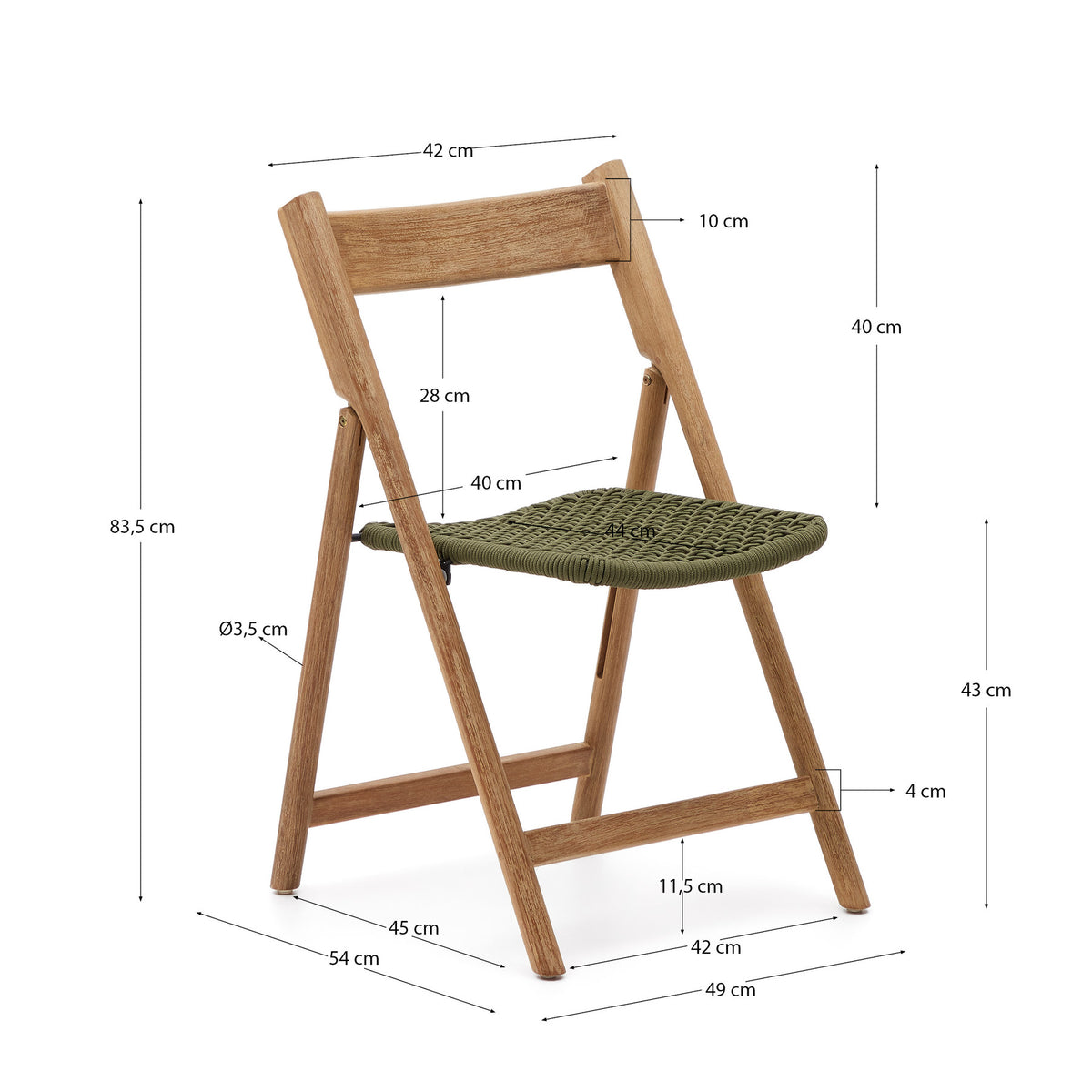 Klappstuhl Dandara aus Akazienmassivholz und einer Stahlstruktur mit geflochtener Sitzfläche in grün FSC 100% in Natur, Grün präsentiert im Onlineshop von KAQTU Design AG. Gartenstuhl ist von Kave Home