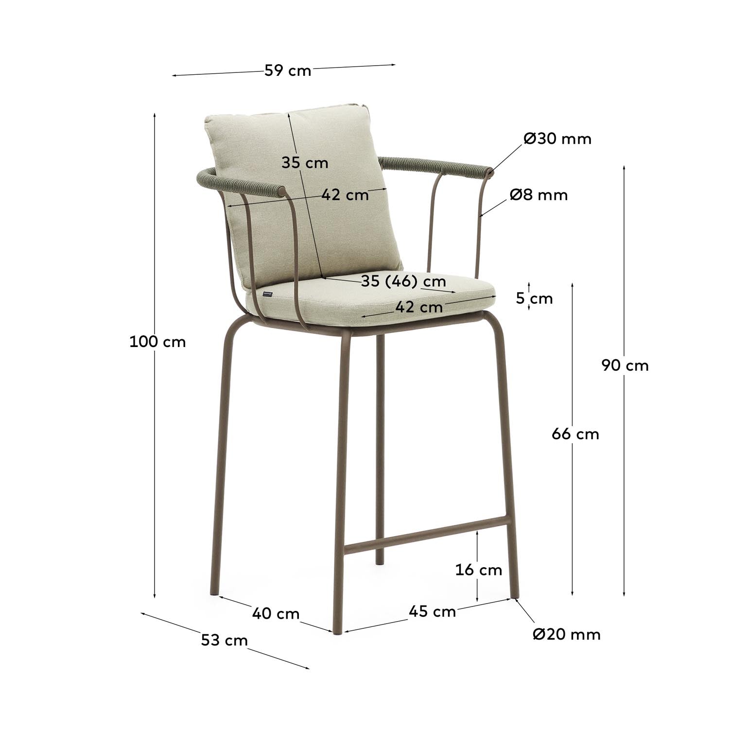 Stilvoller Hocker aus robustem Seil und Stahl in Braun, 66 cm hoch. Ideal für Garten und Terrasse, stapelbar für einfache Lagerung.