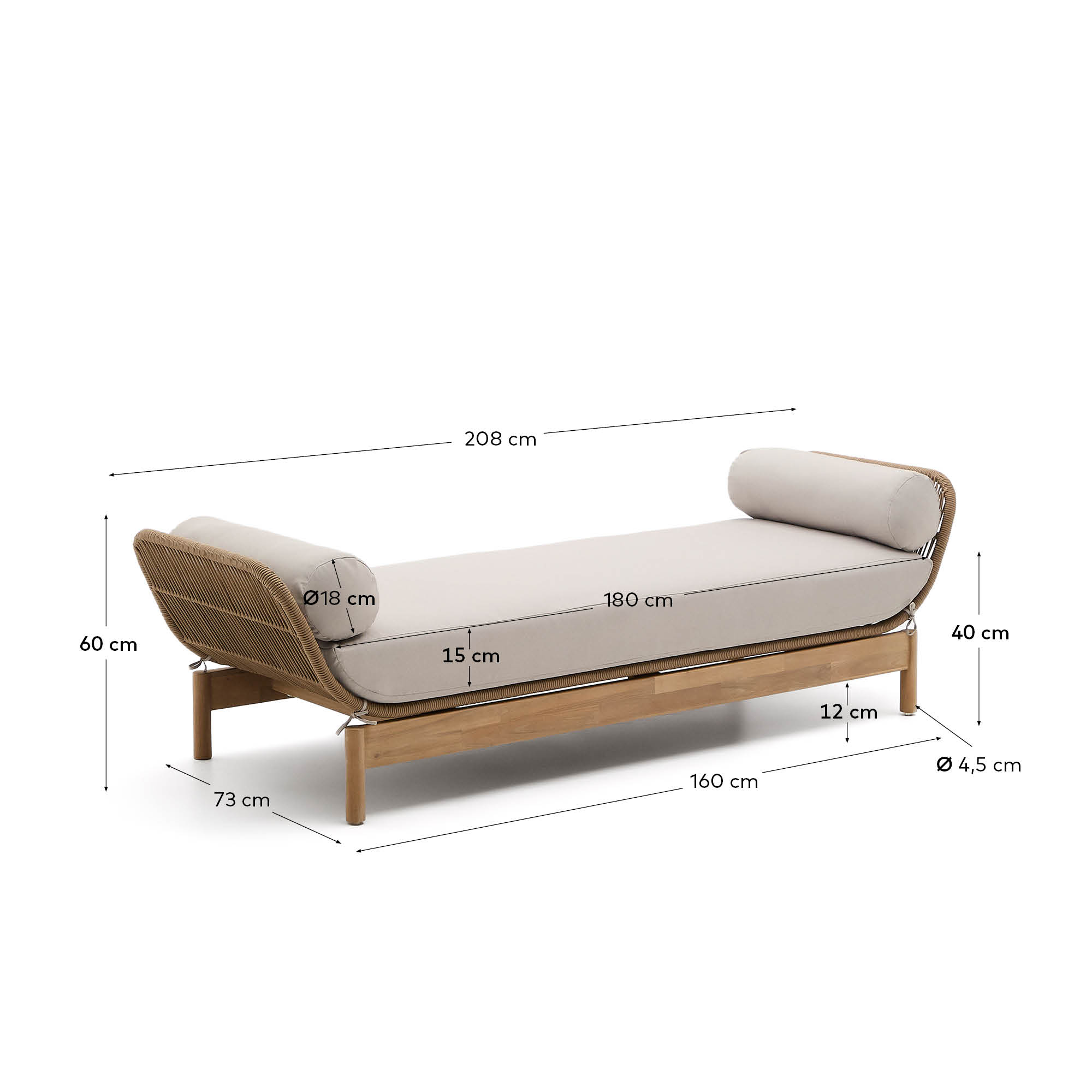 Das Catalina Daybed von Kave Home kombiniert robustes Akazienholz mit elegantem, handgeflochtenem Seil in Beige und bietet stilvollen Komfort für jeden Außenbereich.