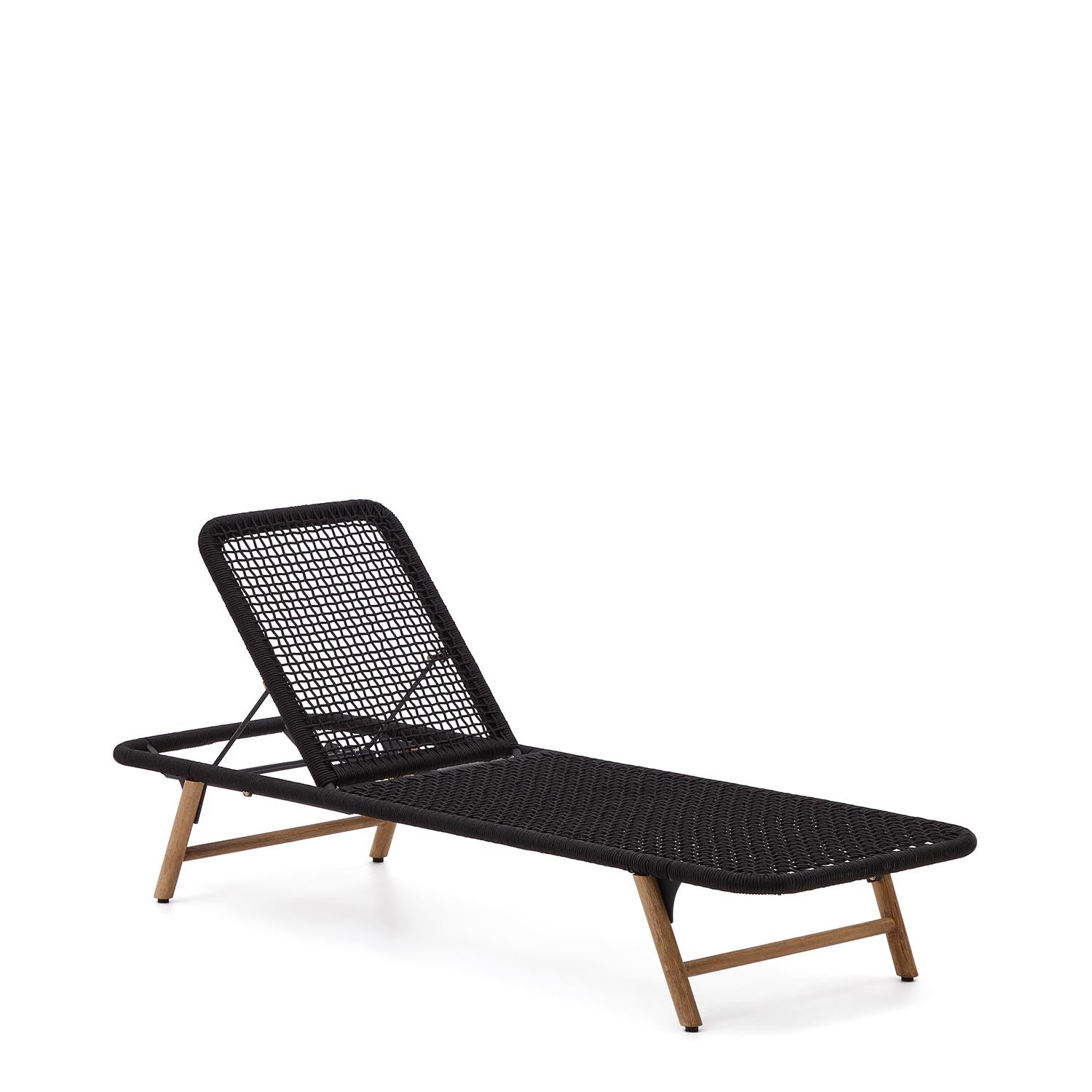 Elegante Dandara Sonnenliege: Stahl, Akazie, schwarzes Geflecht.