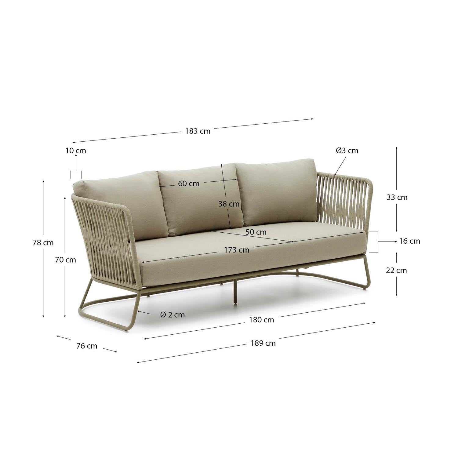 Elegantes 3-Sitzer-Sofa Saconca in Grün: Robustes Flechtwerk und verzinkter Stahl für stilvolle Outdoor-Momente. Ideal für Terrasse und Garten.