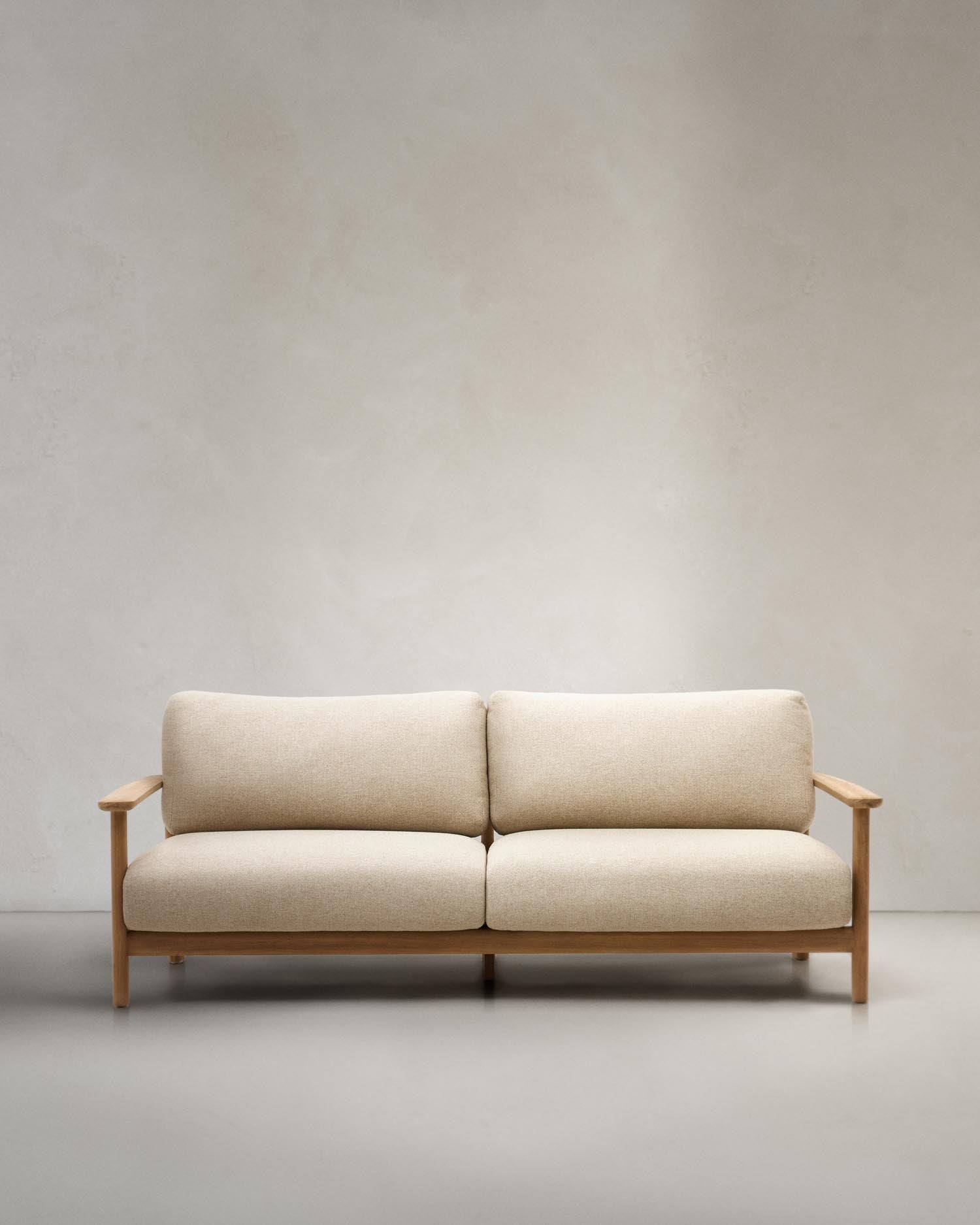 Elegantes 3-Sitzer-Sofa aus FSC-zertifiziertem Teakholz, ideal für drinnen und draussen. Zeitloses Design, robust und umweltfreundlich.