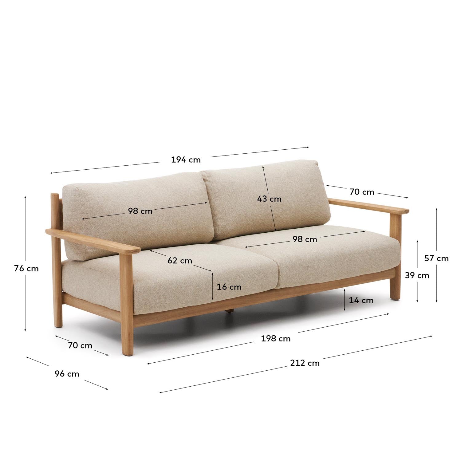 Stilvolles Tirant 3-Sitzer-Sofa aus robustem Teakholz (FSC 100%), 212 cm, vereint Eleganz und Komfort für Ihr Zuhause.