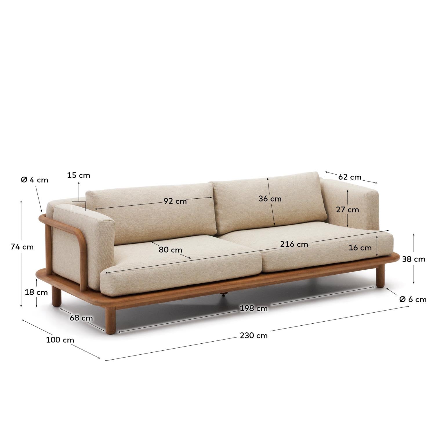 Stilvolles 3-Sitzer-Sofa aus massivem Teakholz, 230 cm, perfekt für entspannte Momente im Freien und nachhaltige Gartenmöbel.