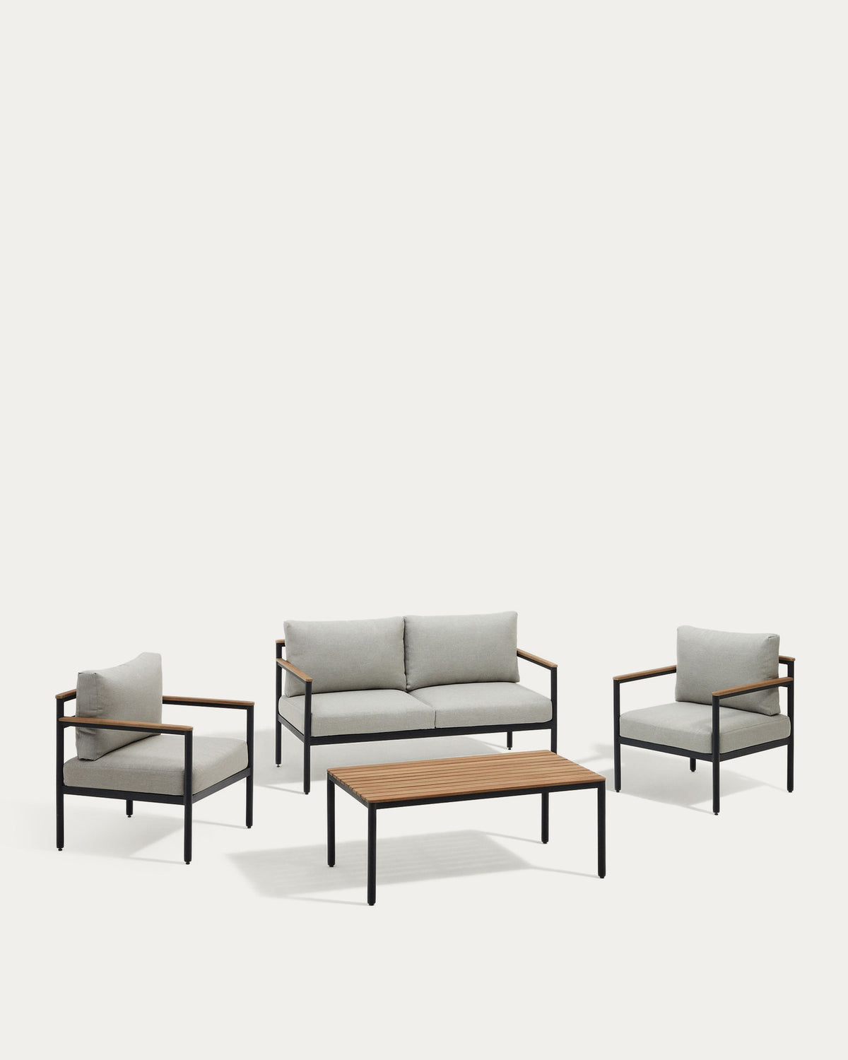 Aiguafreda Set 2-Sitzer-Sofa 2 Sesseln + Couchtisch Alu grau massives Akazienholz FSC 100% von Kave Home
