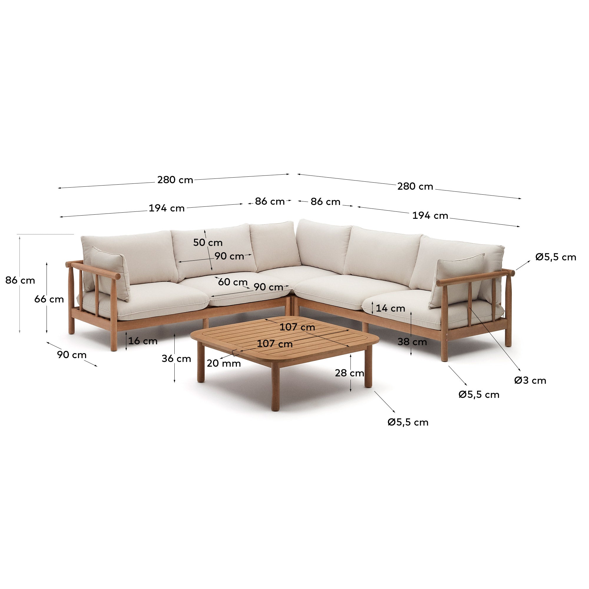 Erlebe das Sacova Set: Ein elegantes 5-Sitzer-Ecksofa und Couchtisch aus FSC-zertifiziertem Eukalyptusholz – ideal für deinen Outdoor-Bereich.