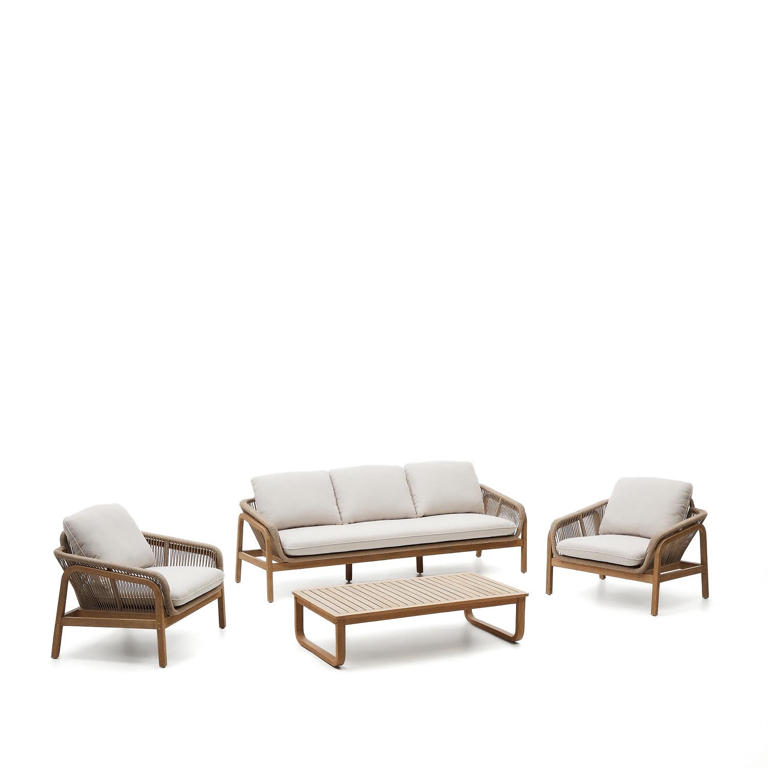 Entdecke das Vellana Set: 3-Sitzer-Sofa, 2 Sessel und Couchtisch aus FSC-zertifiziertem Akazienholz. Stilvoll, robust und wetterbeständig!