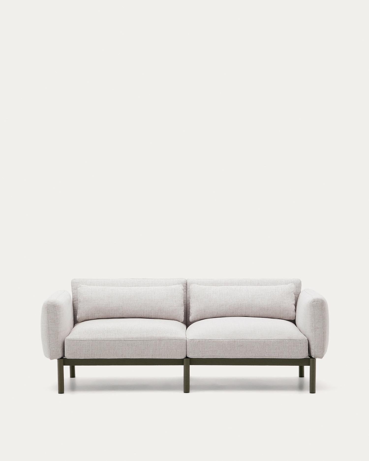 Elegantes 2-Sitzer-Sofa Sorells aus grünem Aluminium, modular und wetterfest, perfekt für stilvolle Aussenbereiche.