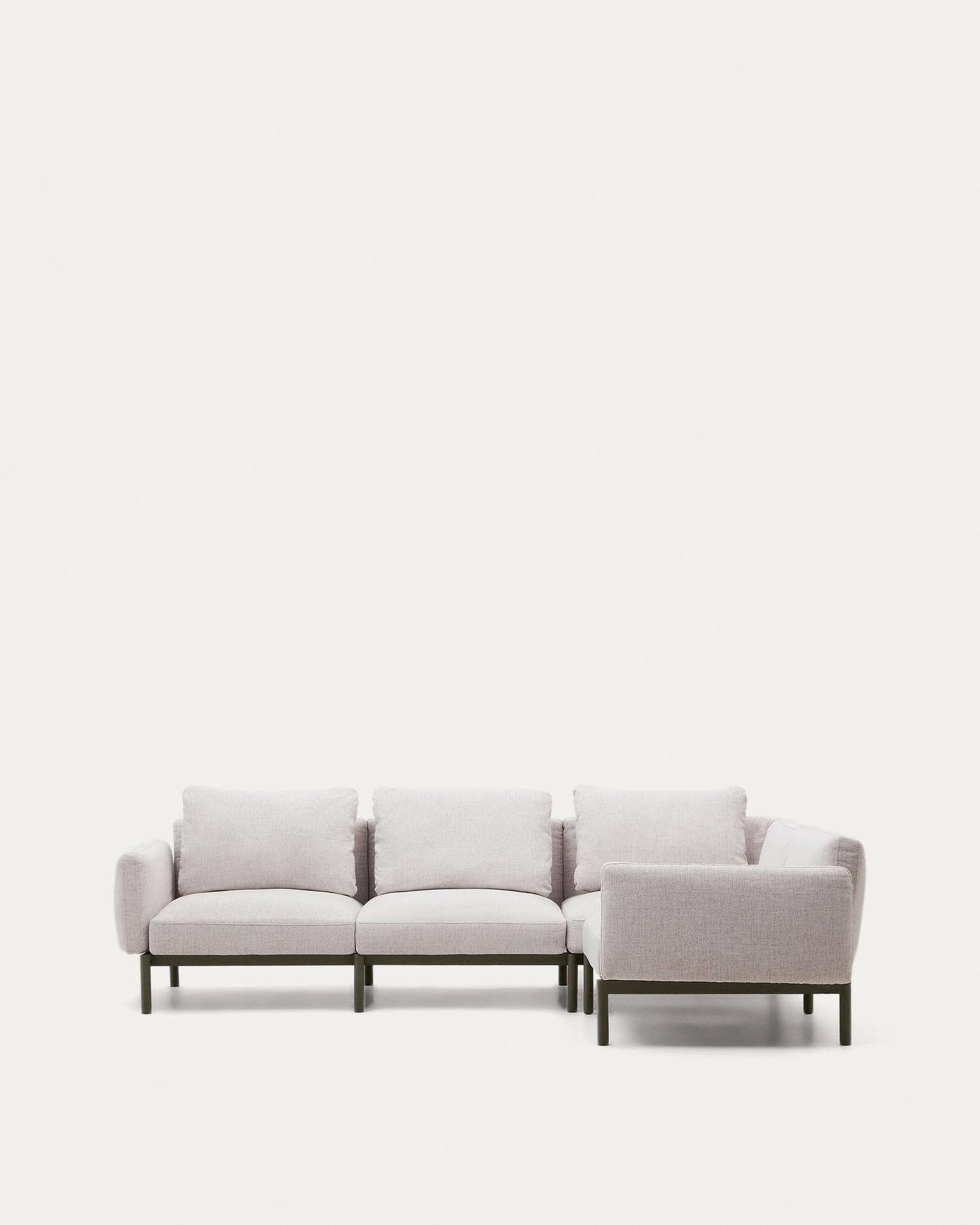 Elegantes modulares Ecksofa für 5 Personen, beige Polster, grüner Aluminiumrahmen, ideal für stilvolle Outdoor-Bereiche.