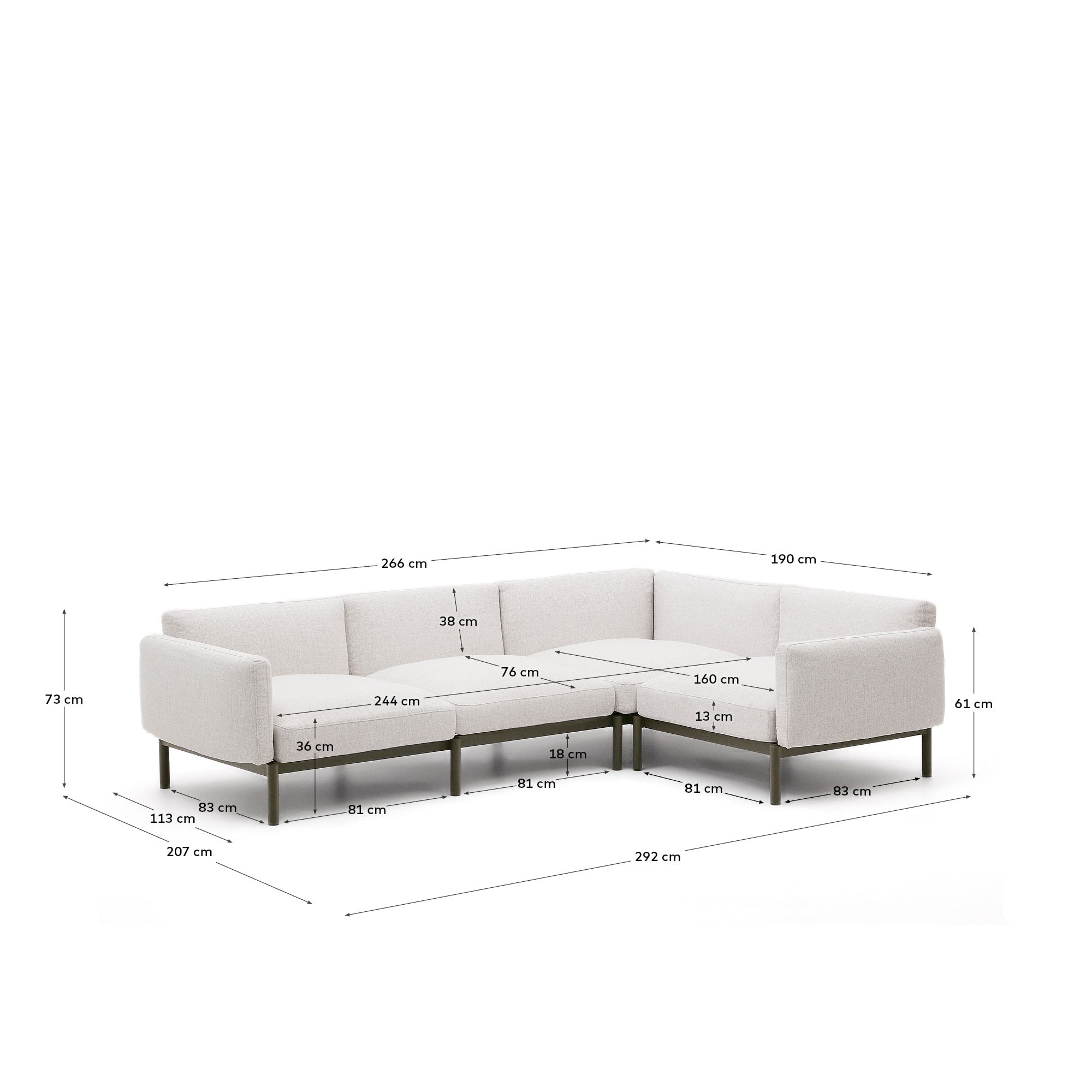Erleben Sie Komfort und Stil im Freien mit dem modularen 5-Sitzer-Ecksofa Sorells von Kave Home. Wetterfeste Polsterung und robuster Aluminiumrahmen.