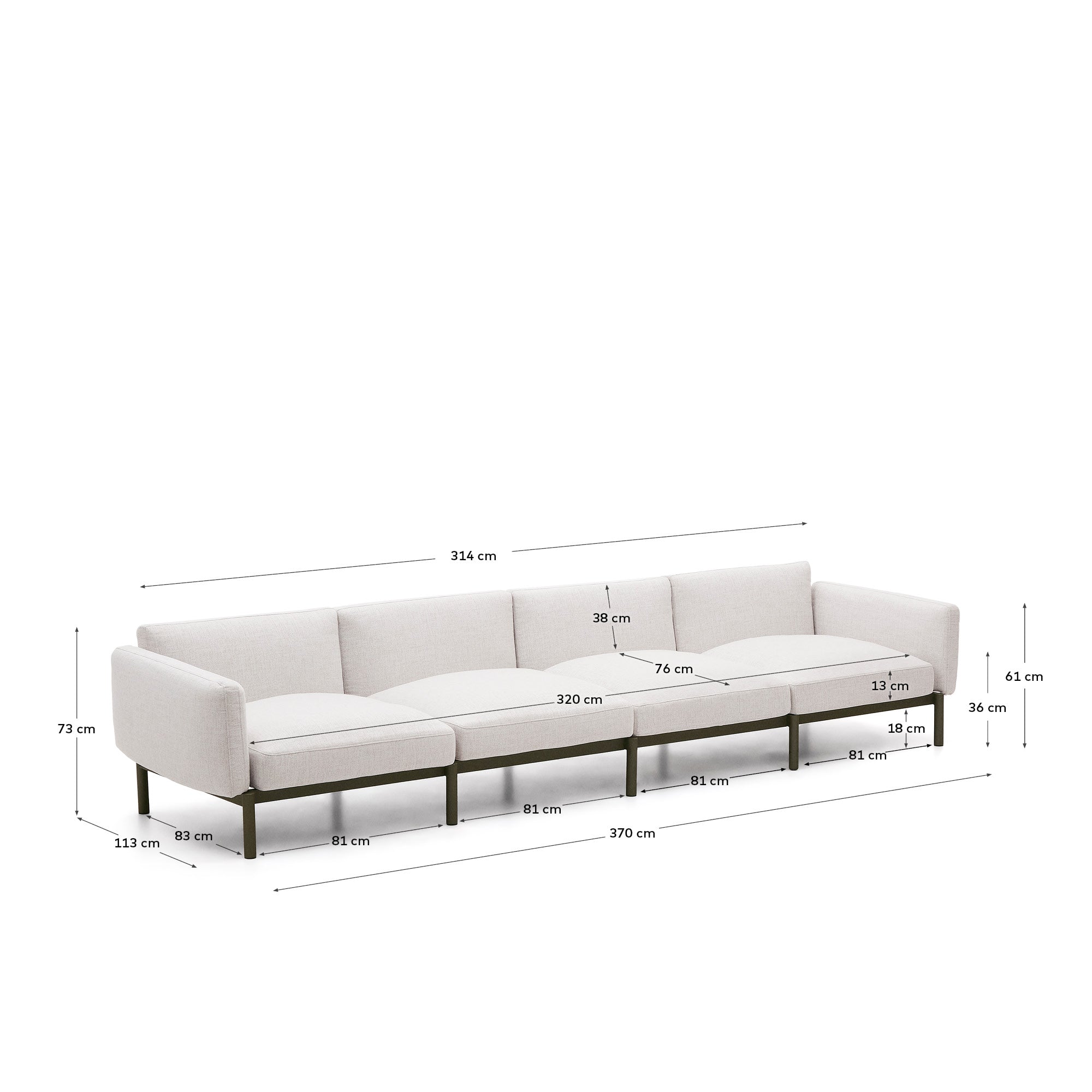 Verwandeln Sie Ihren Außenbereich mit dem eleganten, modularen 4-Sitzer-Sofa Sorells von Kave Home. Robust, witterungsbeständig und in stilvollem Grün, ideal für entspannte Stunden.