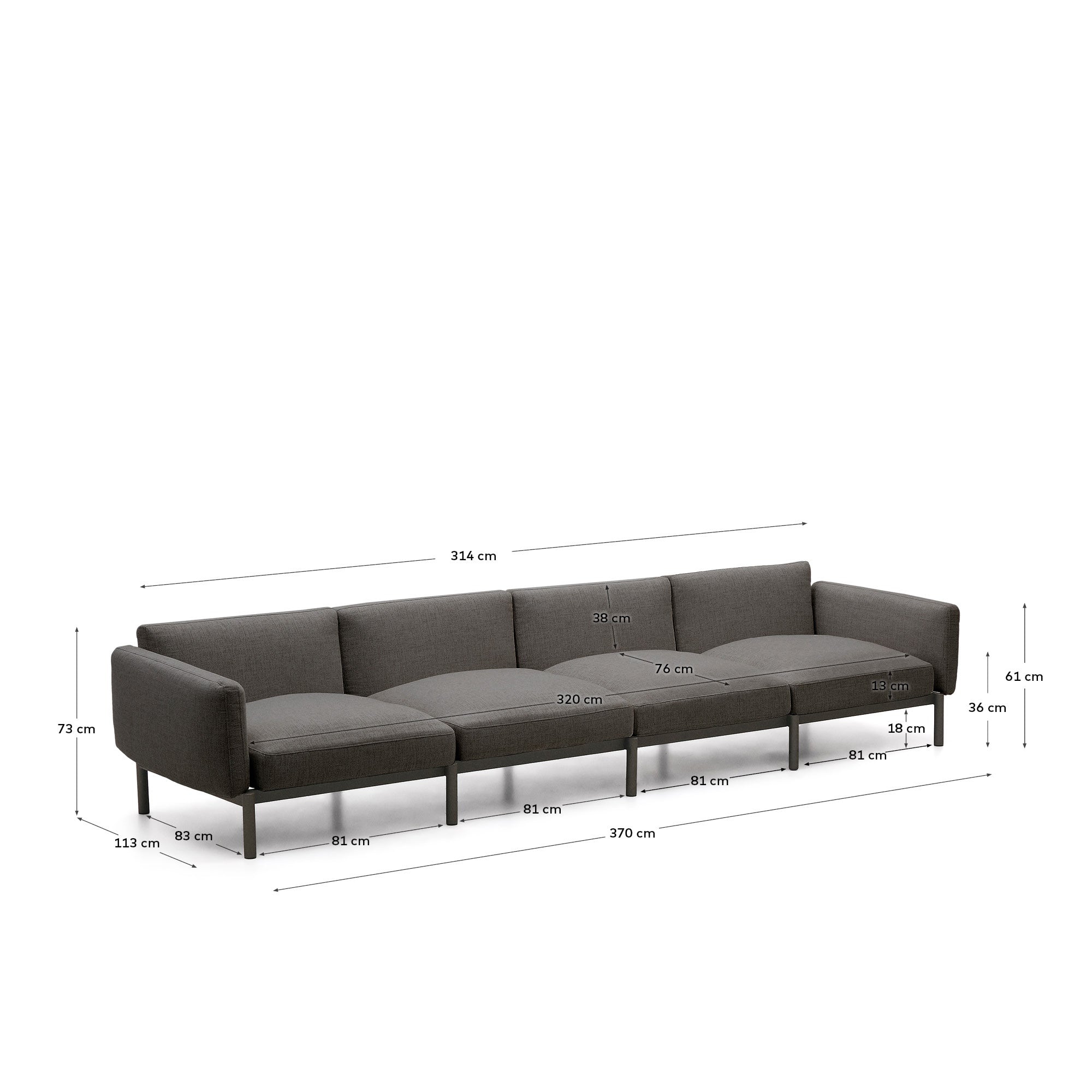 Entdecken Sie das modulare 4-Sitzer-Sofa Sorells von Kave Home: Elegantes Design, wetterfestes Aluminium und individuelle Gestaltung für Ihren Außenbereich.