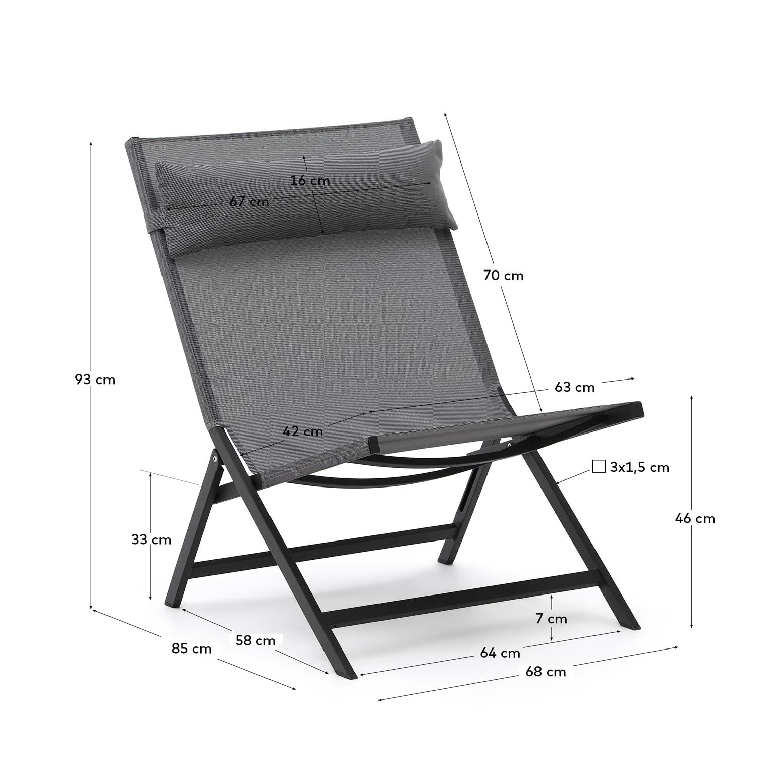 Eleganter Canutells Klappstuhl aus leichtem Aluminium mit stilvollem dunkelgrauen Finish von Kave Home, ideal für komfortable Outdoor-Erlebnisse.