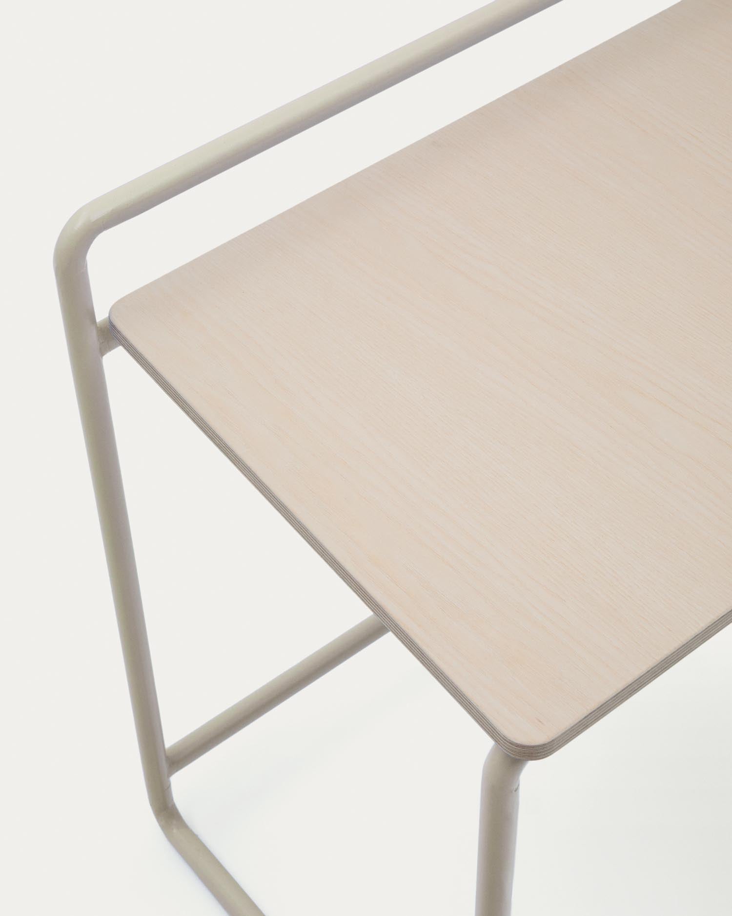 Moderner Schreibtisch Tinn aus Eschenfurnier und beigem Metall, ideal für kreative Arbeitsplätze und kleine Räume. Funktional und stilvoll.