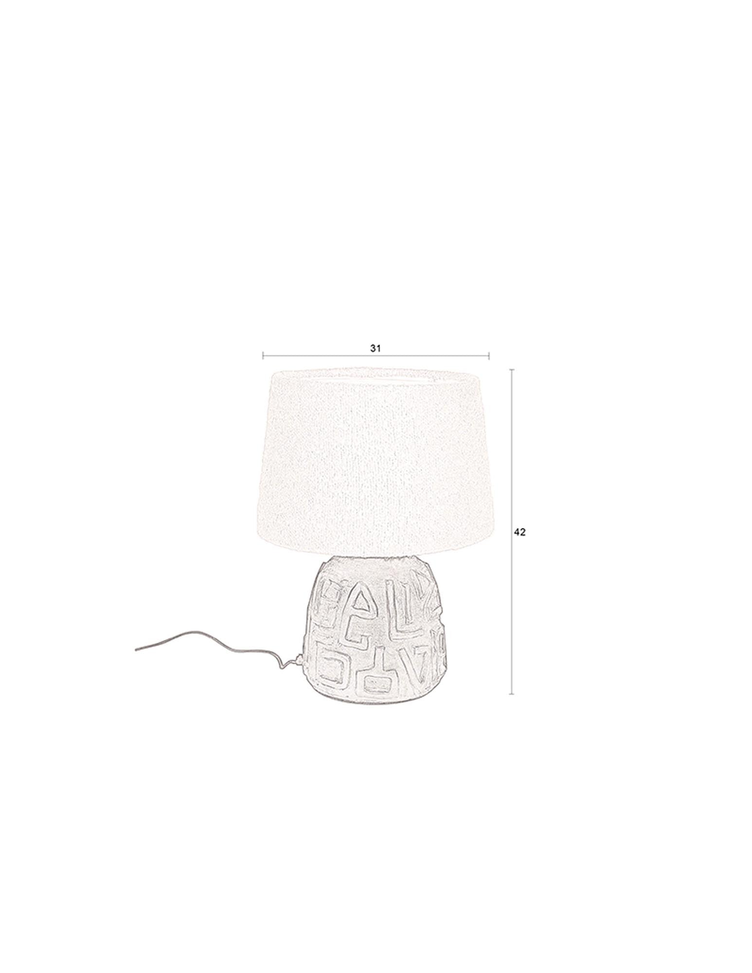 Elegante Renzo Tischleuchte von Dutchbone: Weicher Bouclé-Stoffschirm und robuster Terrakotta-Körper für stilvolle Akzente in jedem Raum.