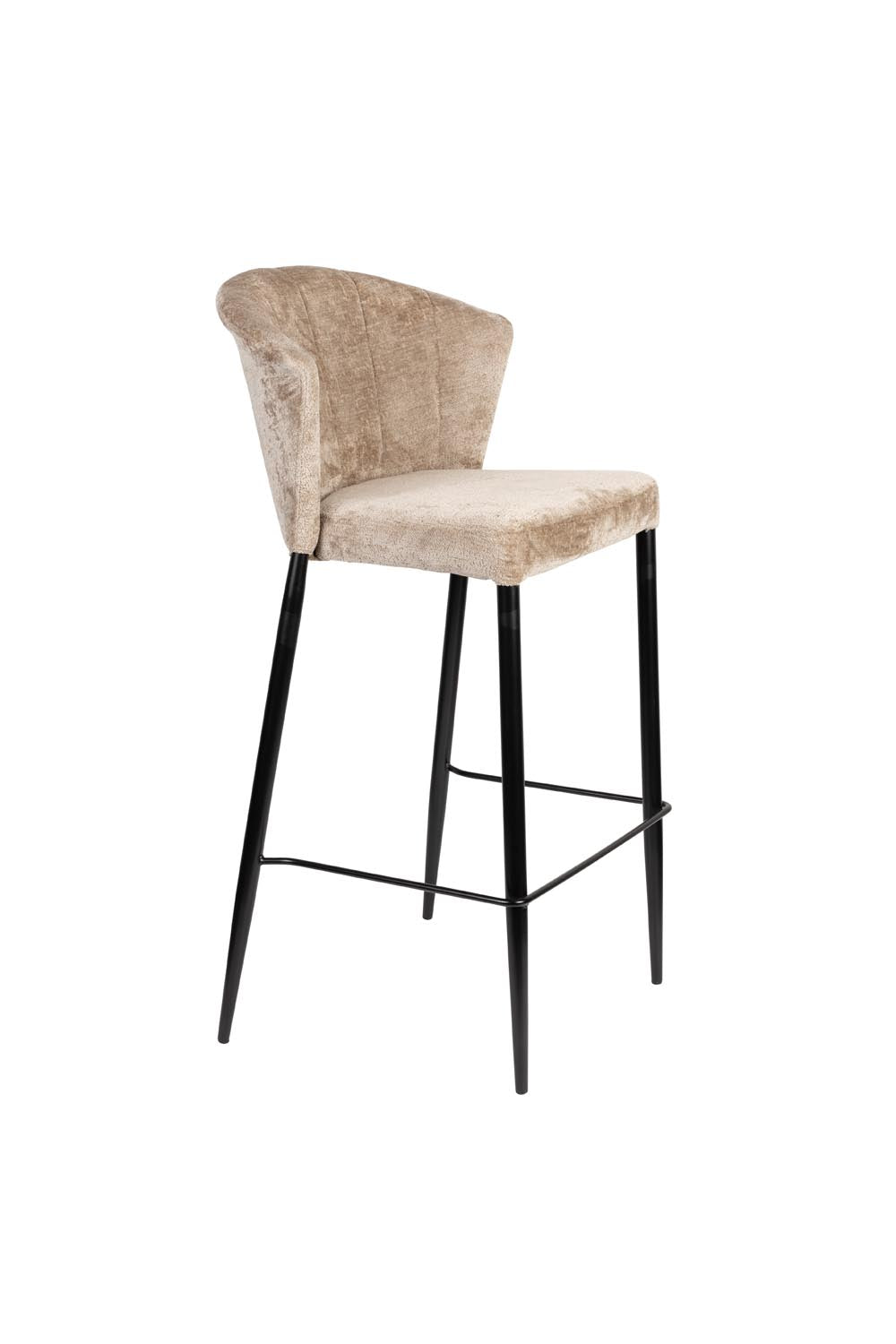 Eleganter Barhocker Georgia Beige von Dutchbone: Samtpolsterung, Vintage-Design, schwarze Metallbeine, stapelbar, luxuriös.