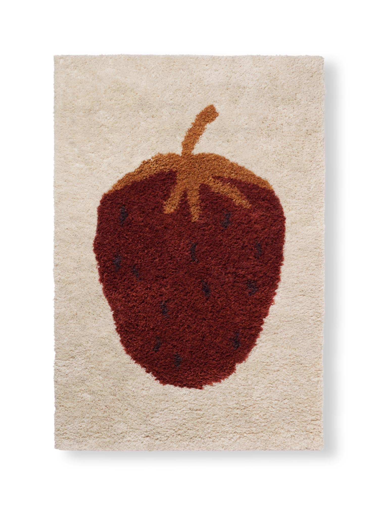 Fruiticana Teppich Erdbeere: Handgefertigt aus neuseeländischer Wolle, fröhliches Erdbeermotiv, umweltfreundlich, luxuriös weich.