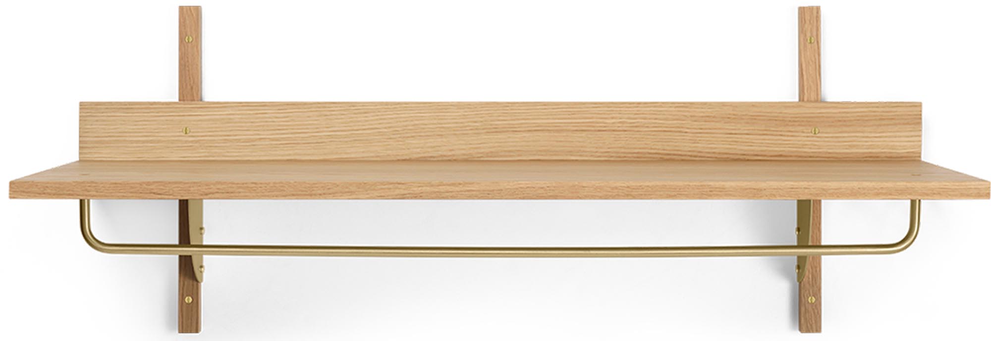 Entdecke das moderne Sector Wandregal von Ferm Living. Robuste Holz- und Messingkombination, ideal für stilvolle Aufbewahrung im Wohnzimmer oder in der Küche.