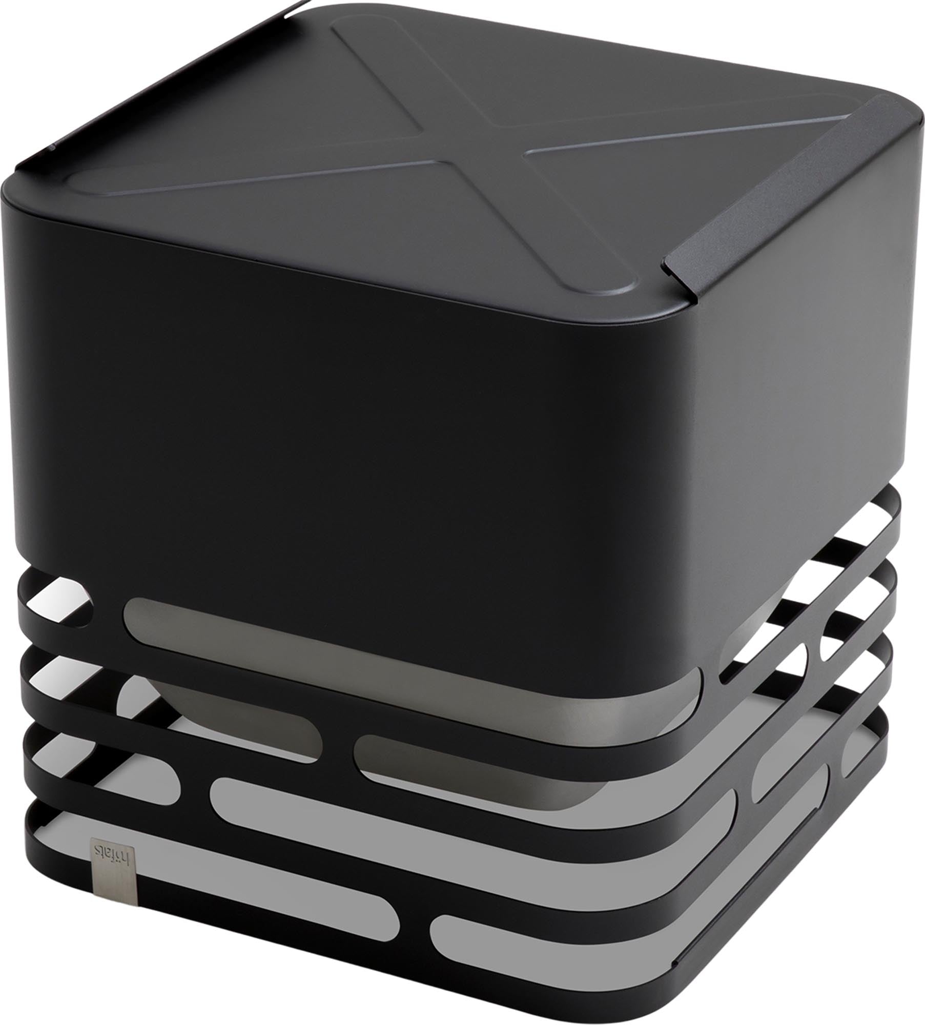 CUBE Feuerkorb in Schwarz: Sicheres Löschen, vielseitig nutzbar als Hocker oder Tisch. Perfekt für stimmungsvolle Abende im Freien.