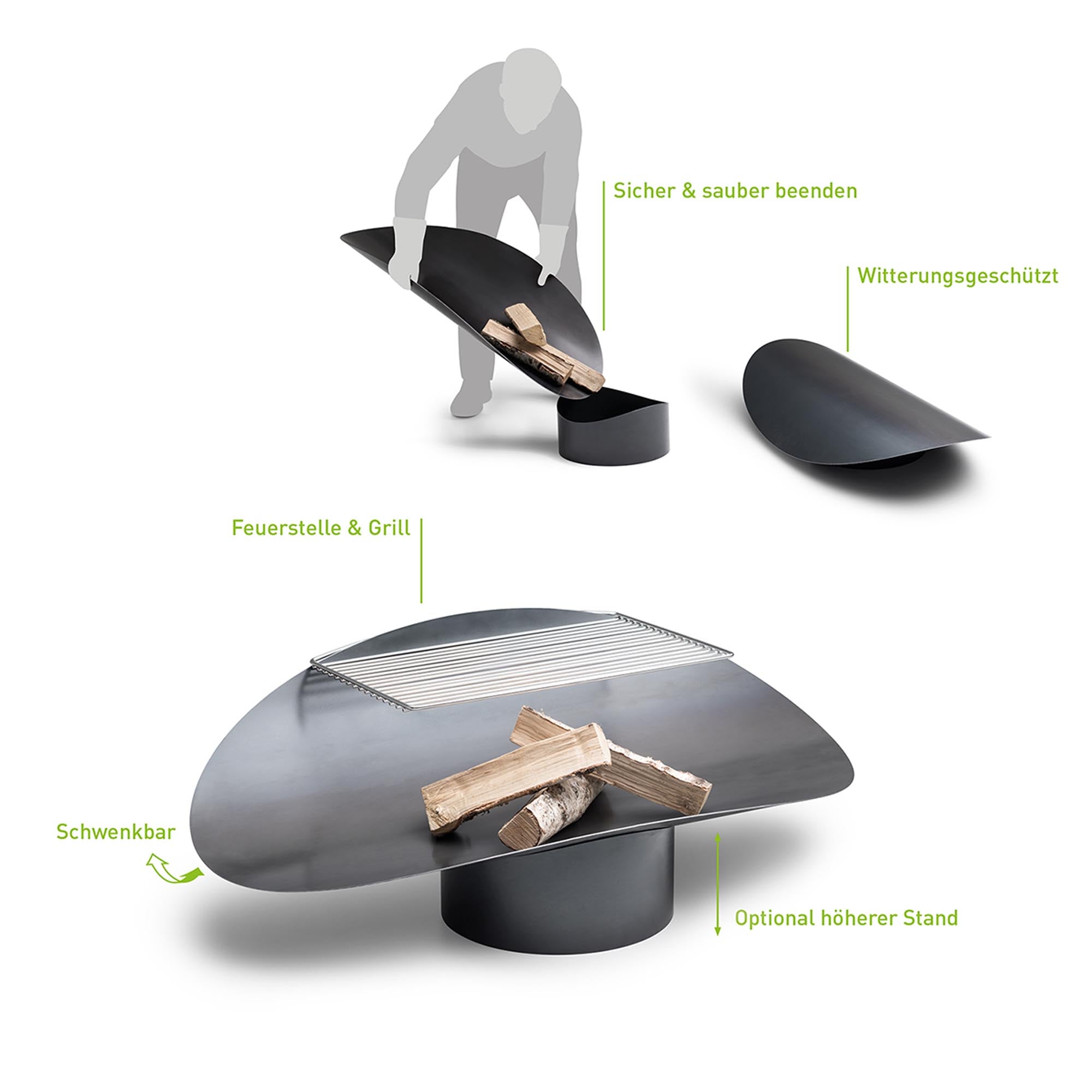 Die ELLIPSE Feuerschale aus Corten-Stahl ist skulptural und funktional, bietet Windschutz und Standsicherheit, mit integrierter Ascheschale.