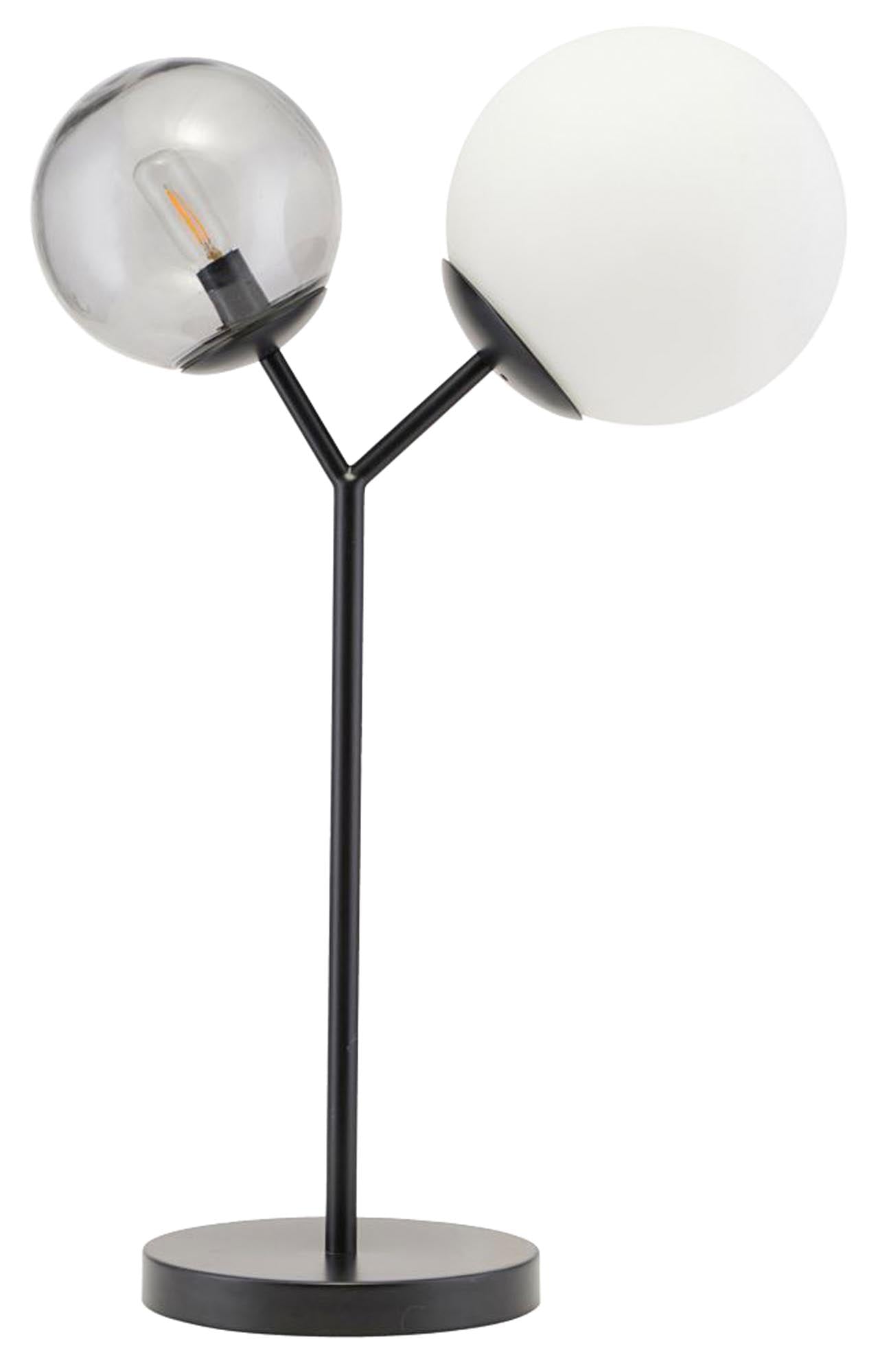 Elegante Tischleuchte Twice von House Doctor: Zwei Glaskugeln, schwarzer Eisenfuss, handgefertigt, vielseitig einsetzbar, gemütliches Licht.