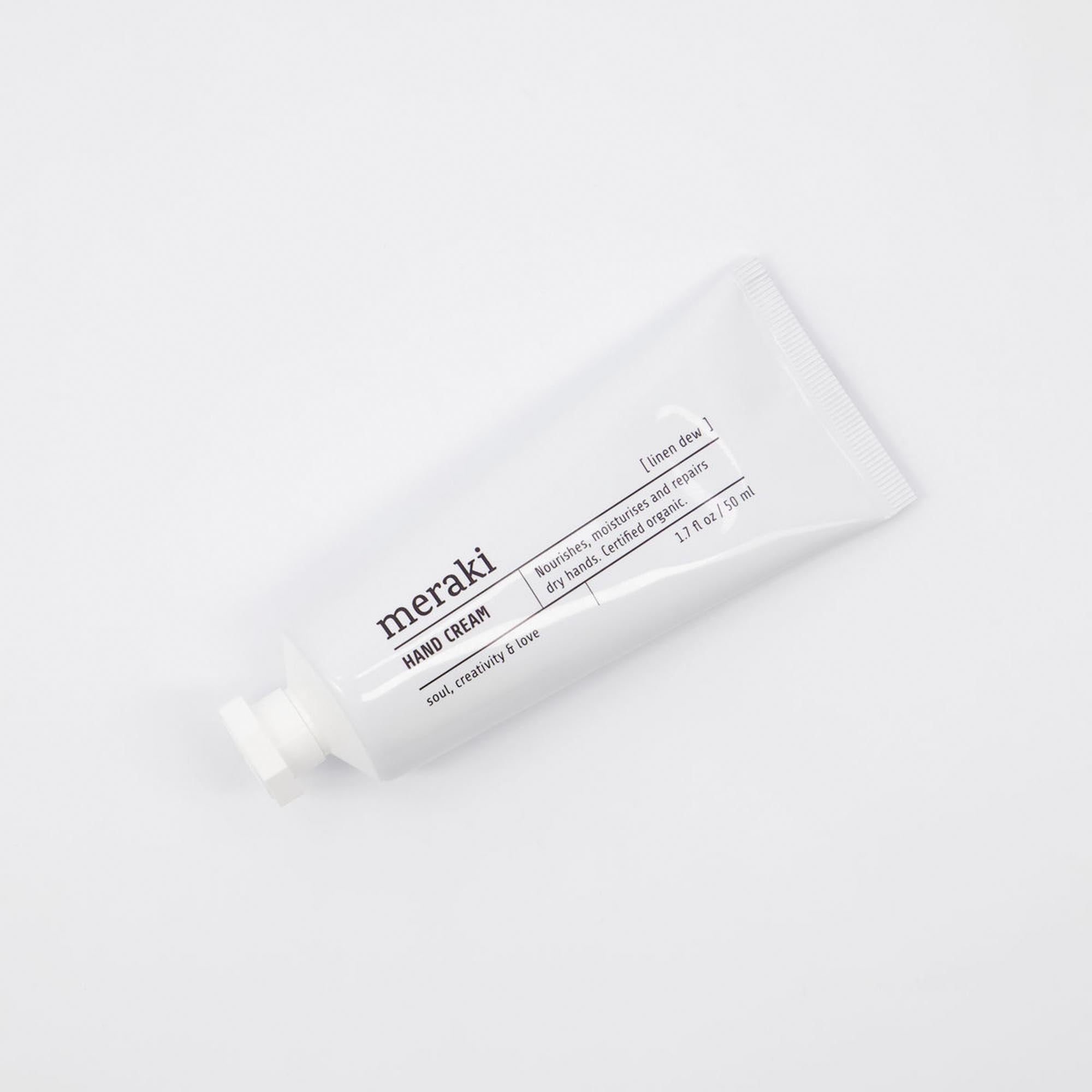 Meraki Linen Dew Handcreme: Nährt intensiv mit Bio-Inhaltsstoffen, zieht schnell ein, erfrischender Duft, ECOCERT-zertifiziert.