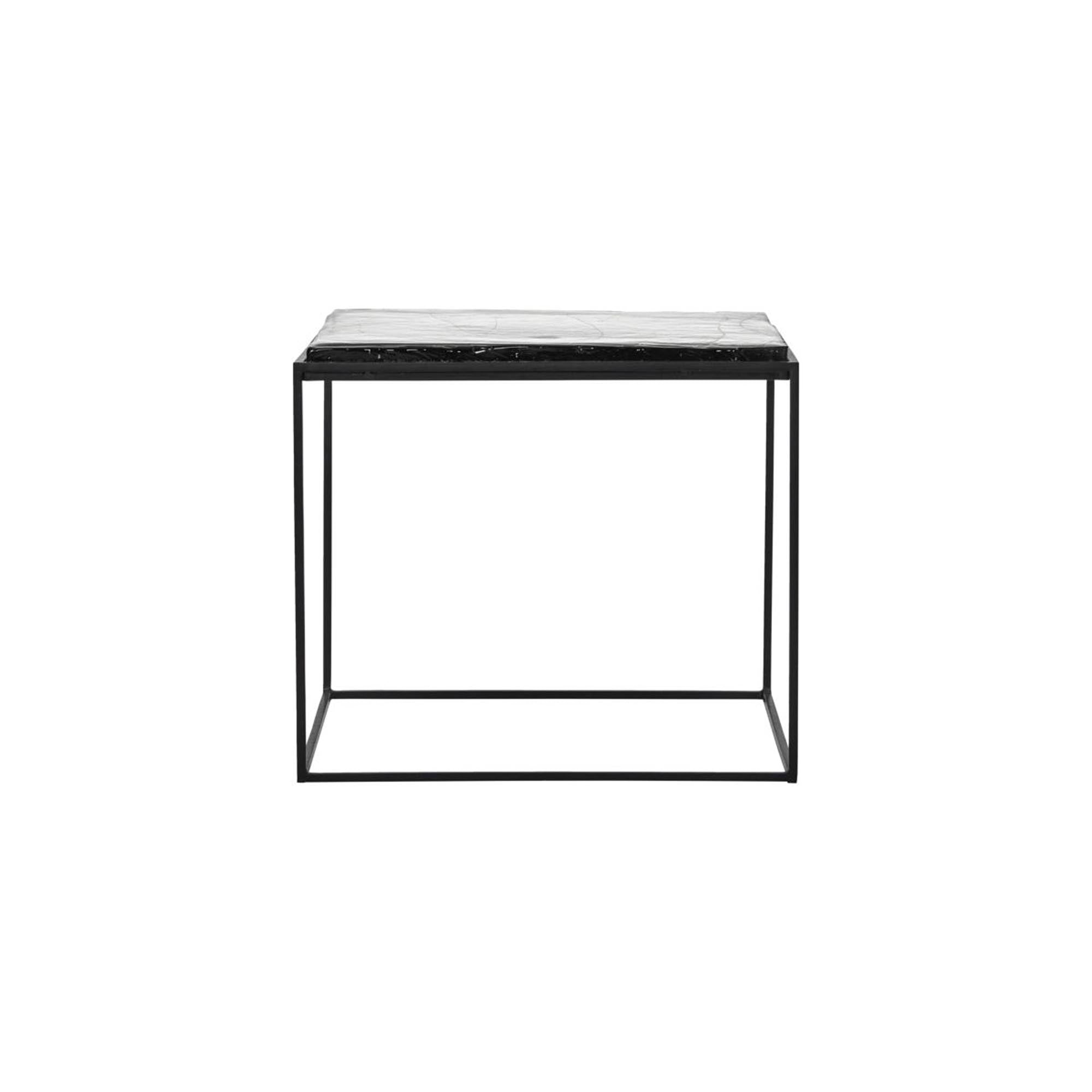 Eleganter Beistelltisch mit robustem Eisenrahmen und texturiertem Glas, ideal für moderne und minimalistische Räume.