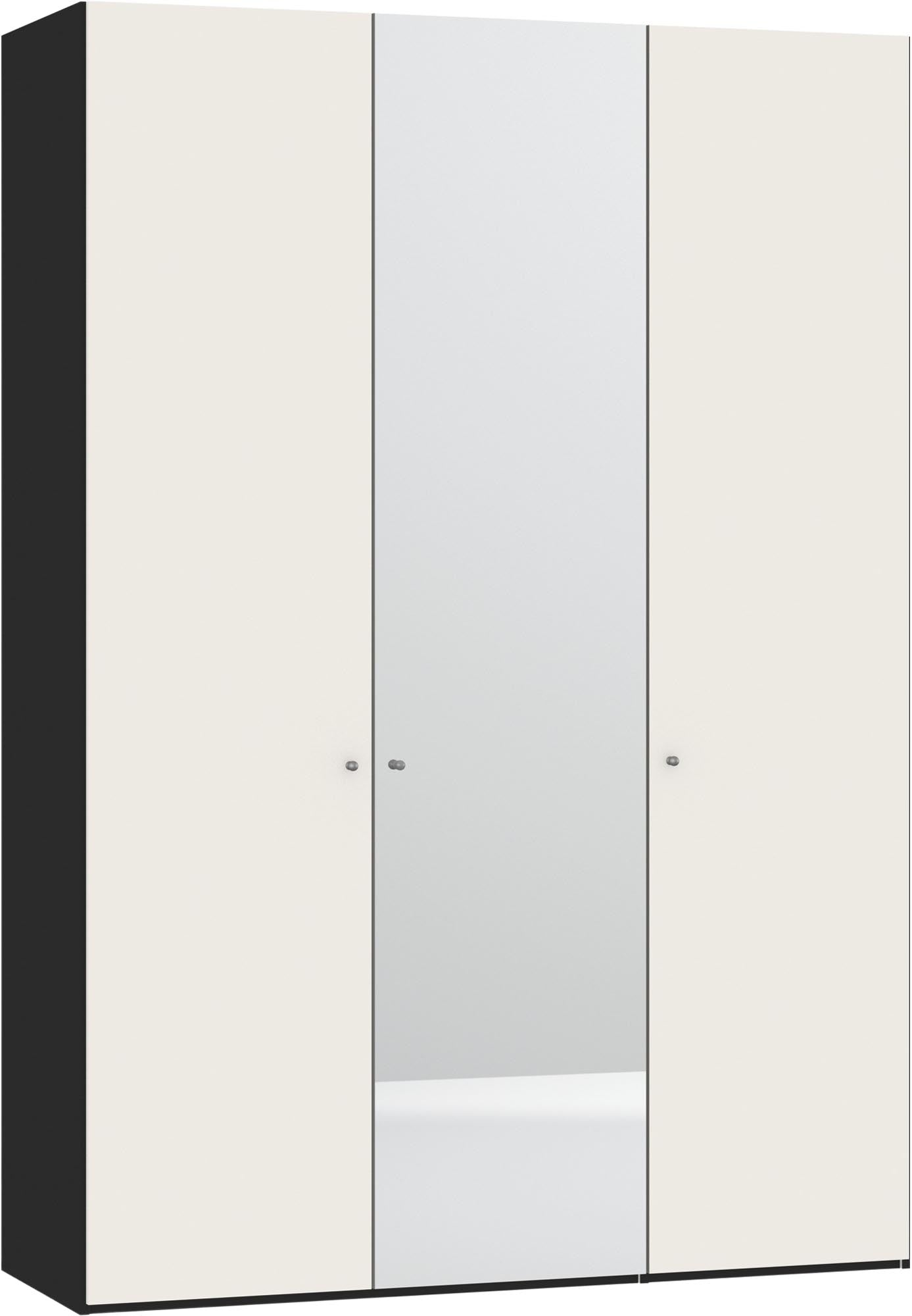 Eleganter 3-türiger Drehtürenschrank in Cremeweiss mit Spiegel, individuell konfigurierbar, stabil und funktional.