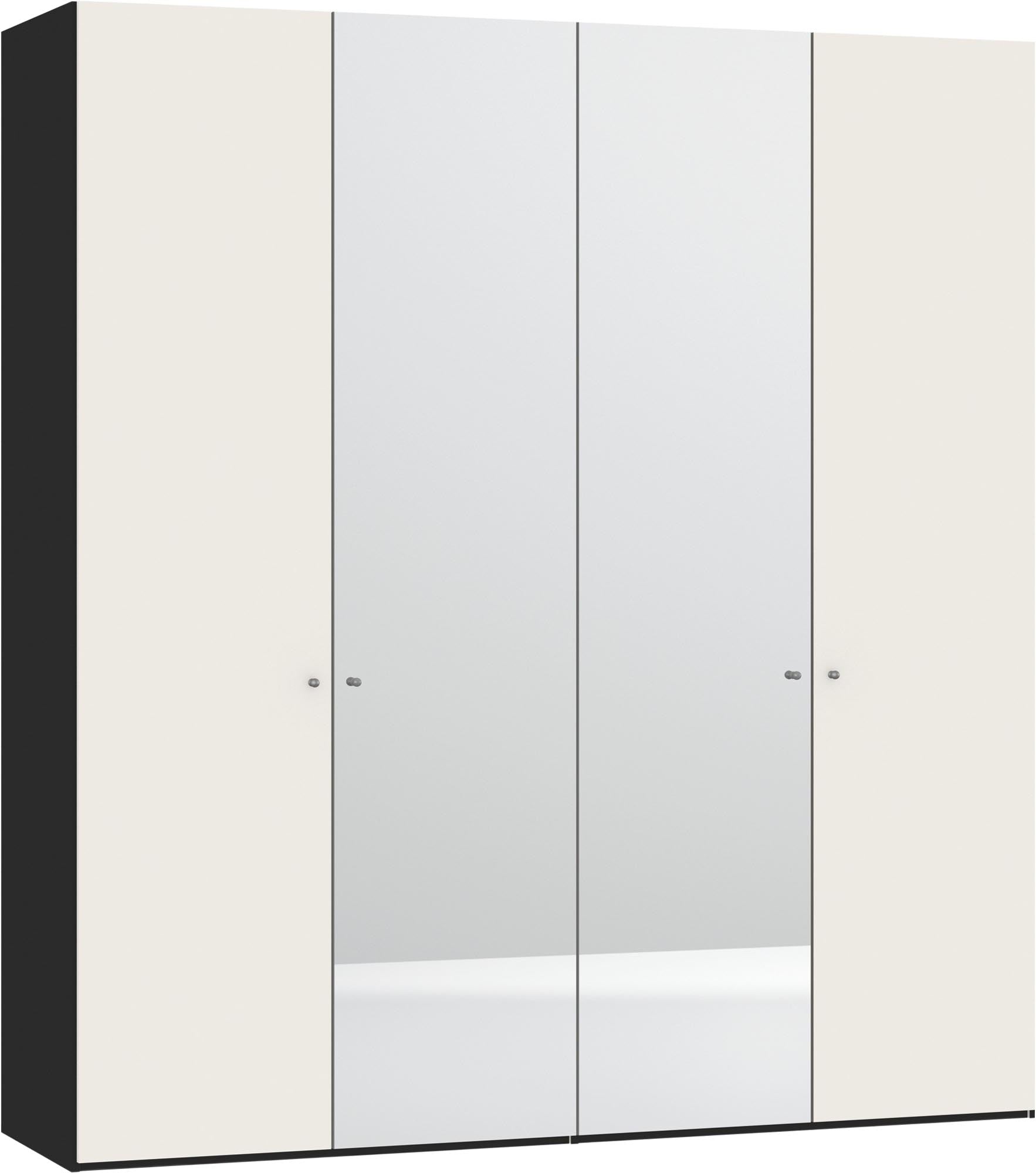 Eleganter 4-türiger Drehtürenschrank in Cremeweiss mit Spiegel, individuell konfigurierbar, stabil und einfach aufzubauen.