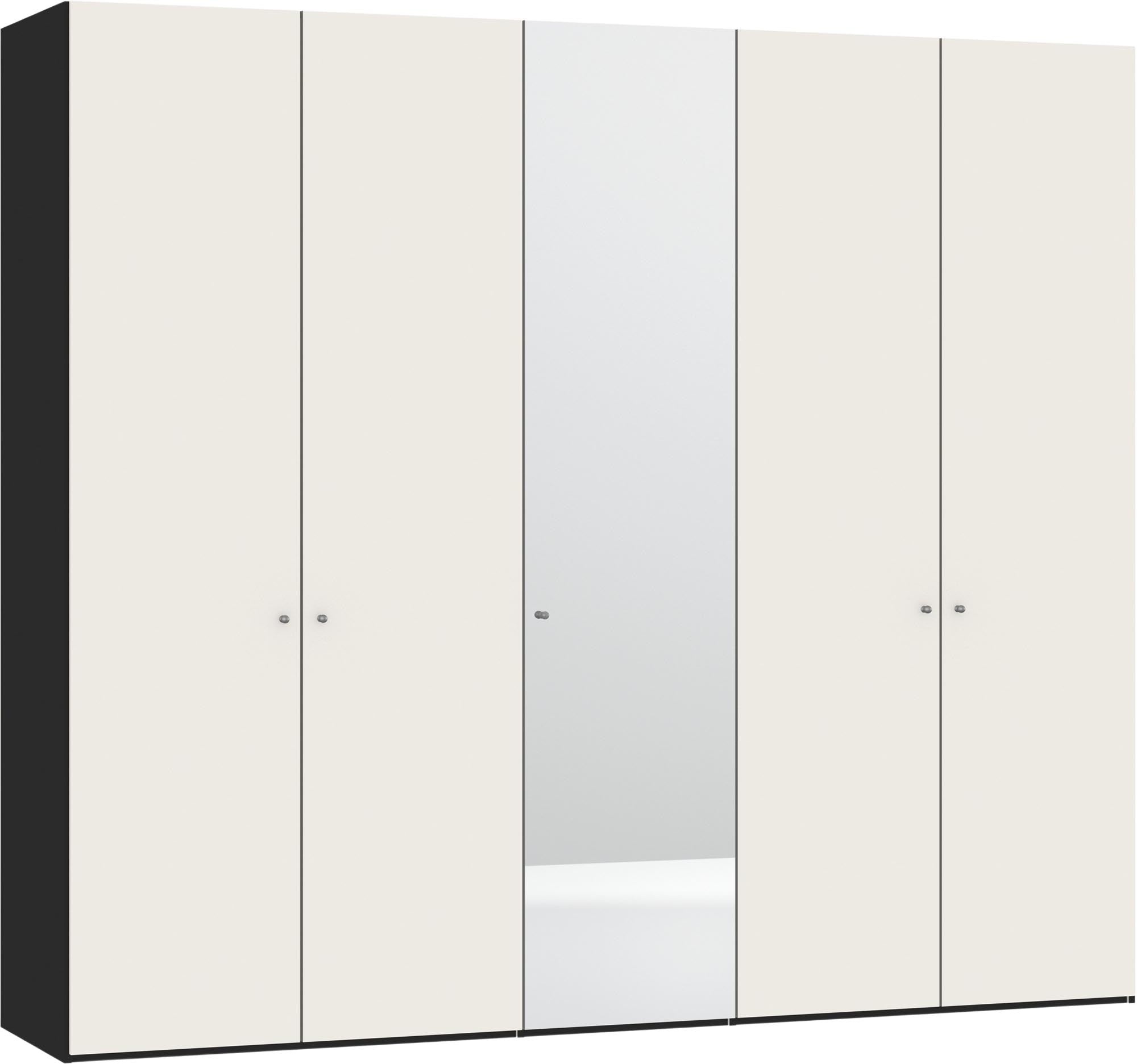 Eleganter 5-türiger Drehtürenschrank in Cremeweiss mit Spiegel, individuell konfigurierbar, stabil und einfach aufzubauen.