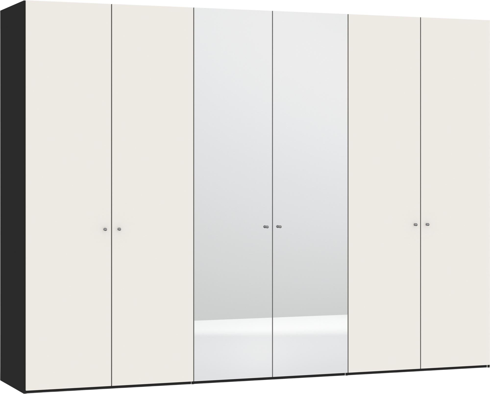 Eleganter 6-türiger Drehtürenschrank in Cremeweiss mit Spiegel, individuell konfigurierbar, stabil und einfach aufzubauen.